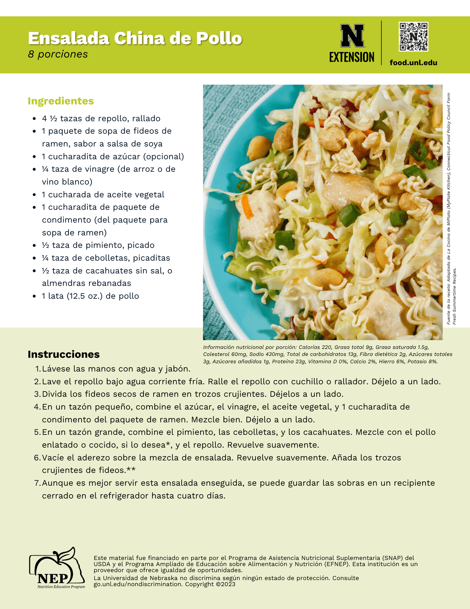 Chinese Chicken Salad Recipe Handout - Spanish