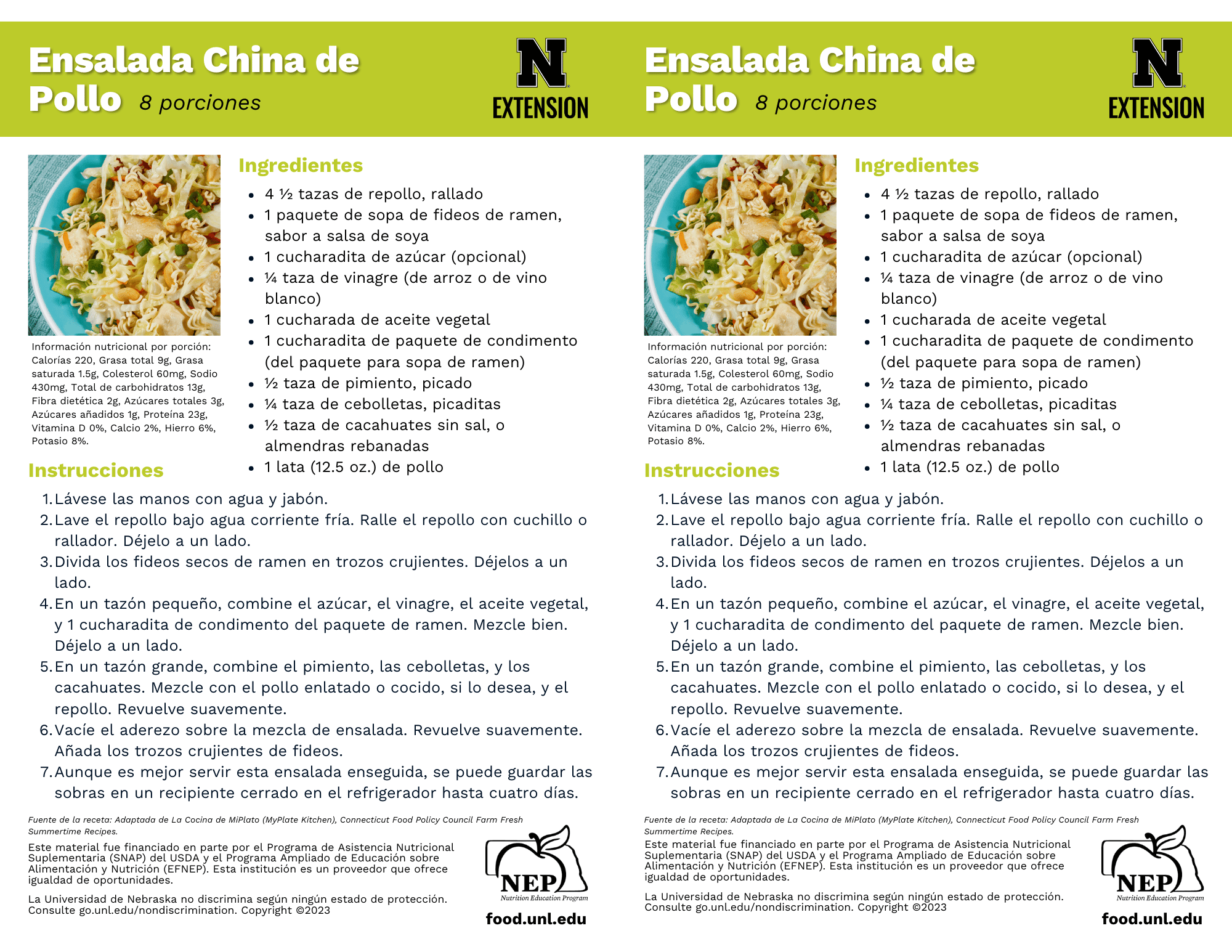 Chinese Chicken Salad Recipe Handouts - Spanish
