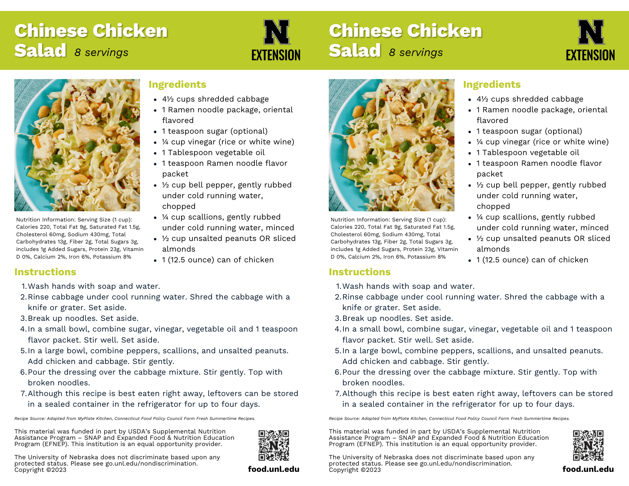 Chinese Chicken Salad Recipe Handouts