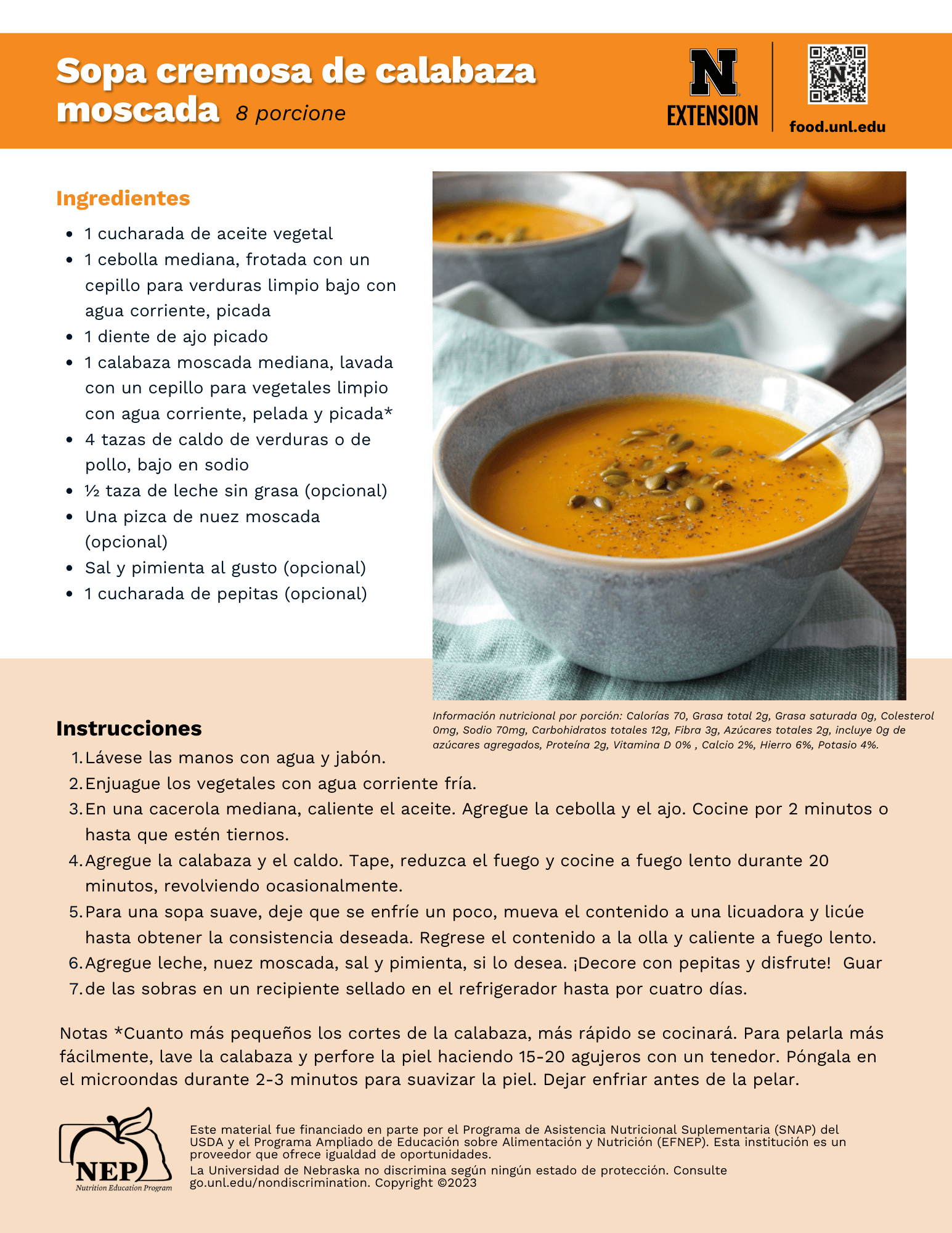 Creamy Butternut Squash Soup Recipe Handout - Spanish