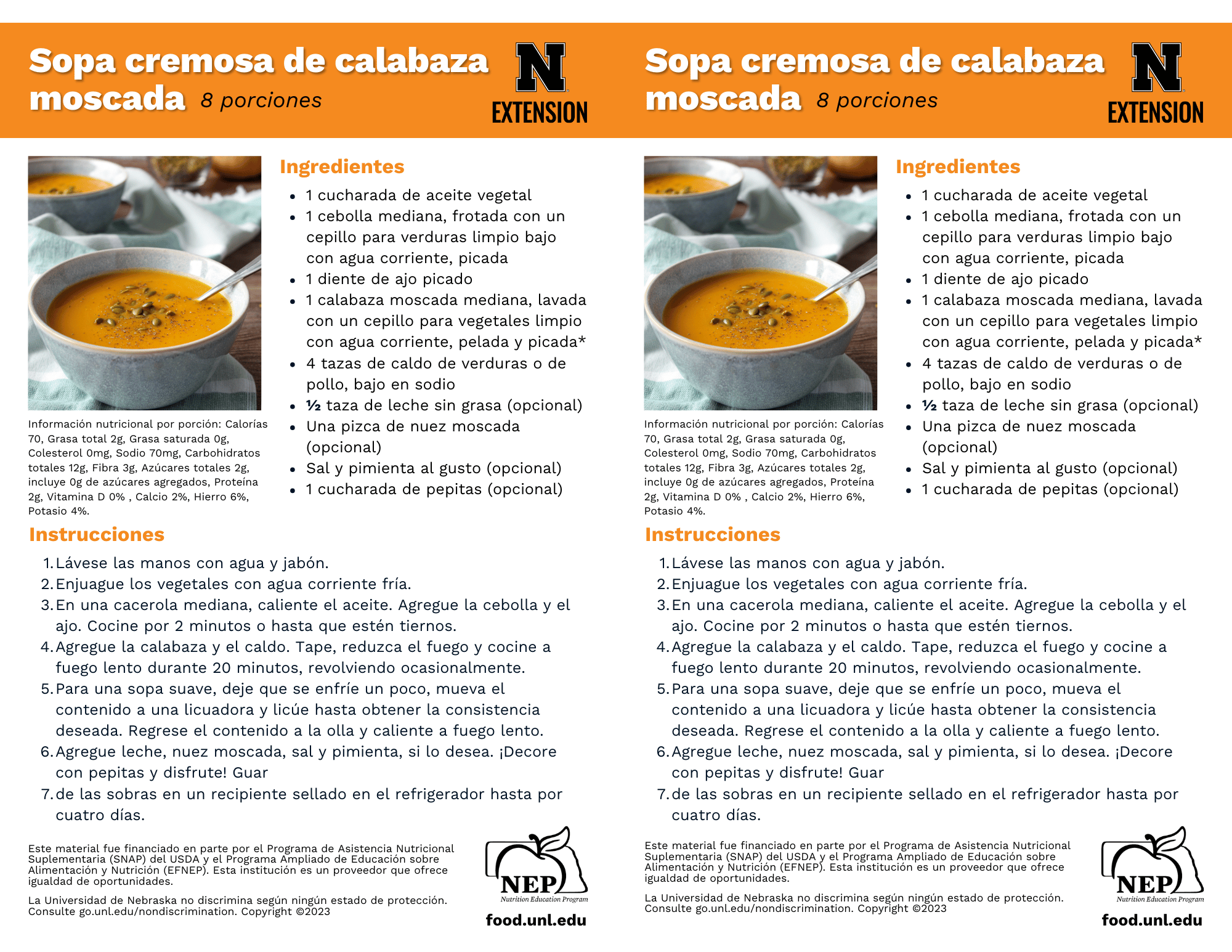 Creamy Butternut Squash Soup Recipe Handouts - Spanish
