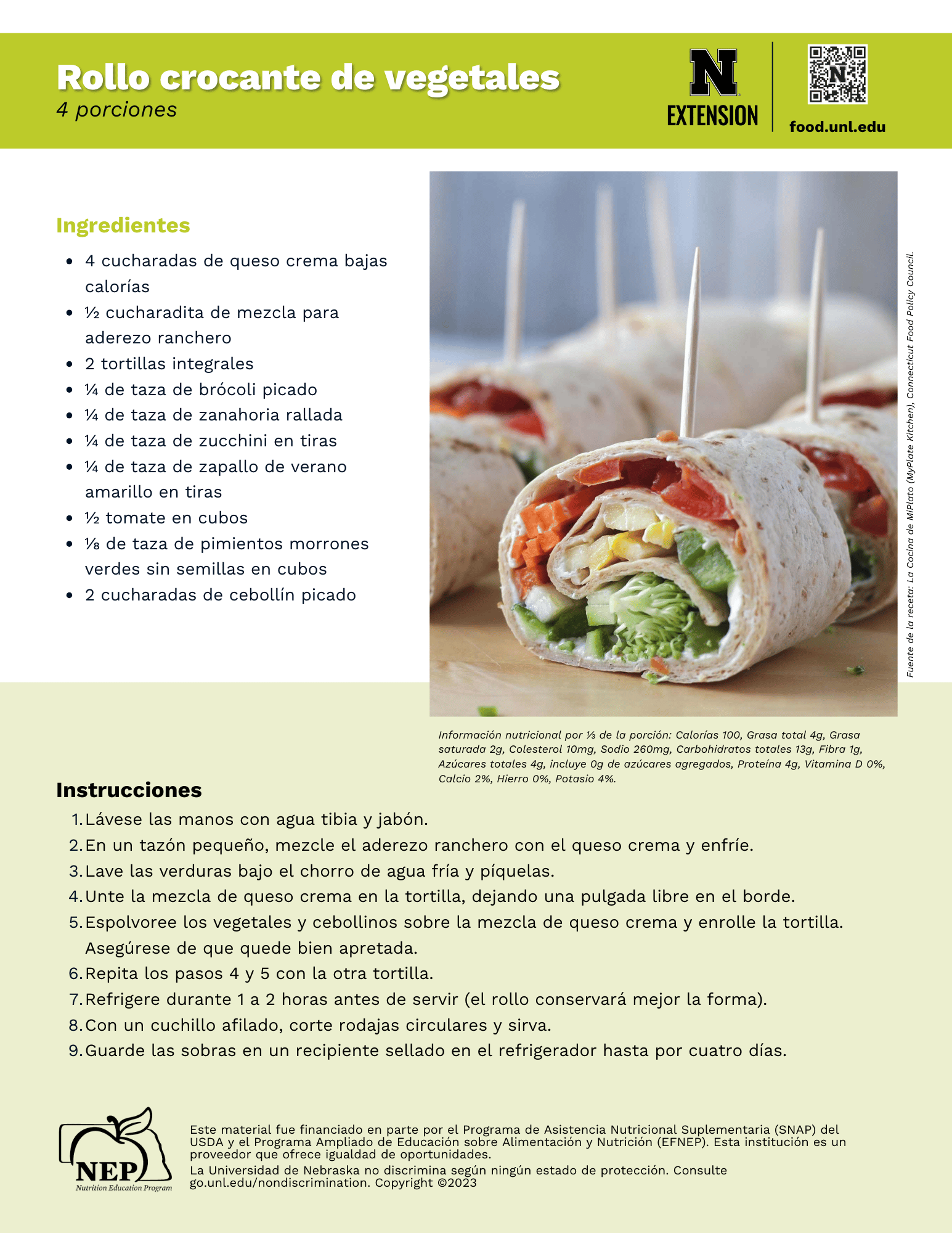 Crunchy Vegetable Wraps Recipe Handout - Spanish