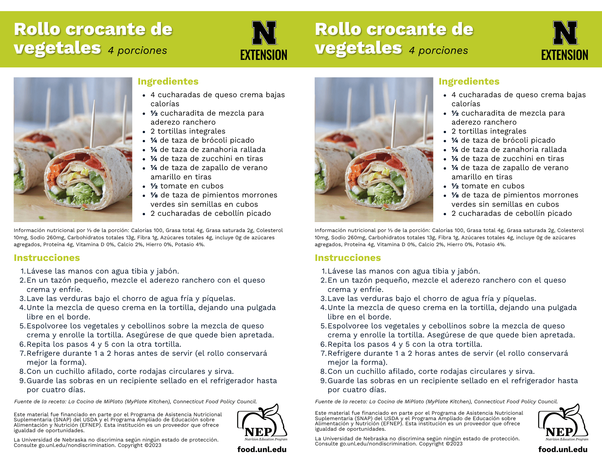 Crunchy Vegetable Wraps Recipe Handouts - Spanish