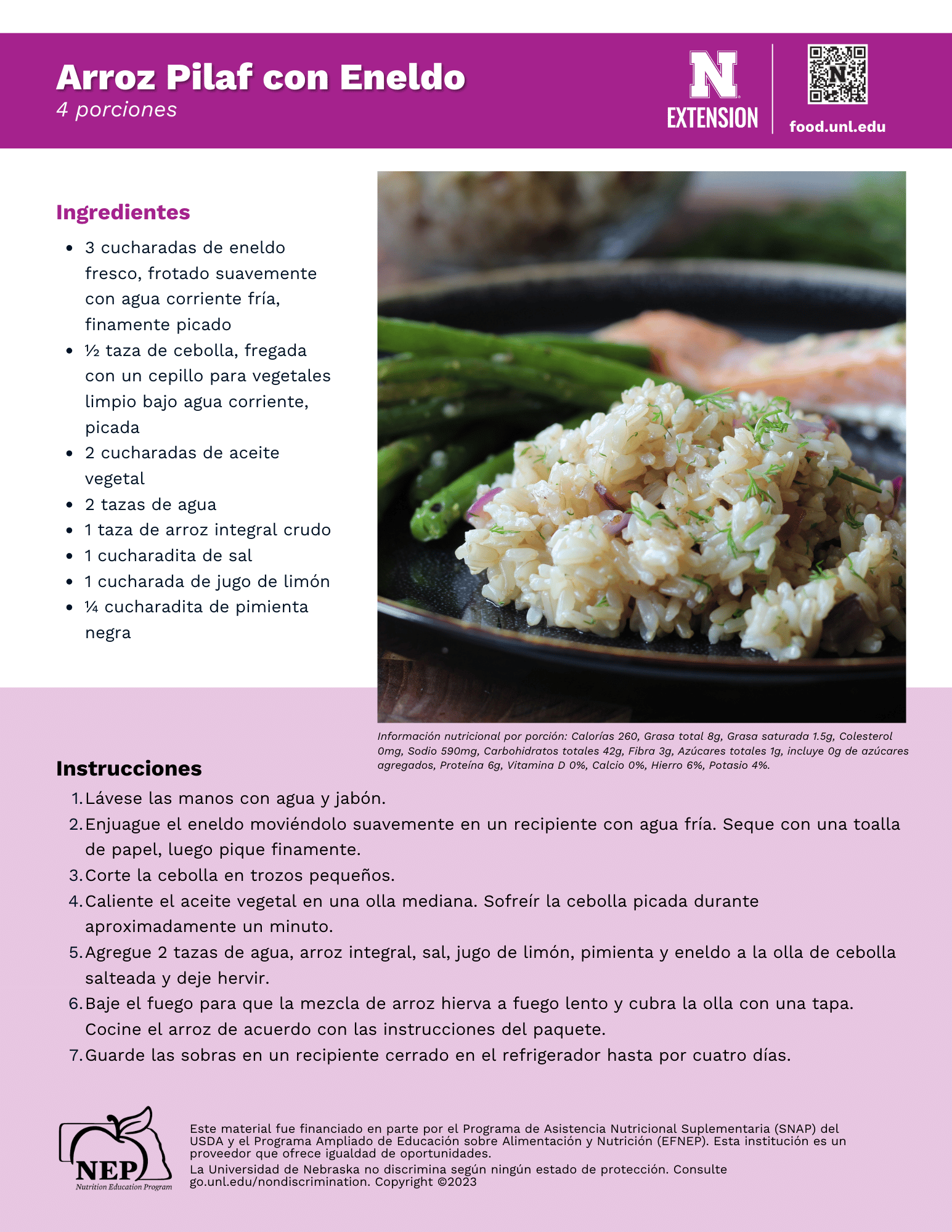 Dill Rice Pilaf Recipe Handout - Spanish
