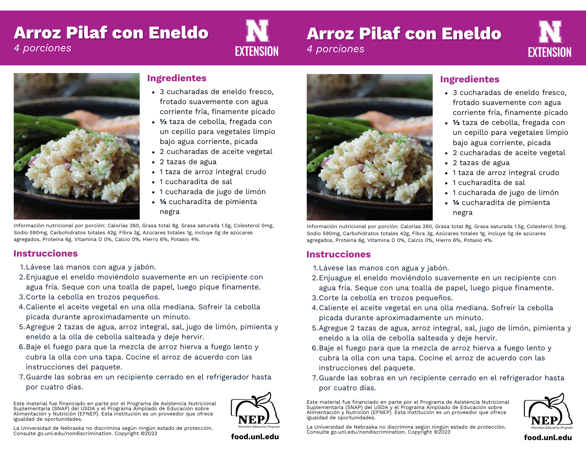 Dill Rice Pilaf Recipe Handouts - Spanish