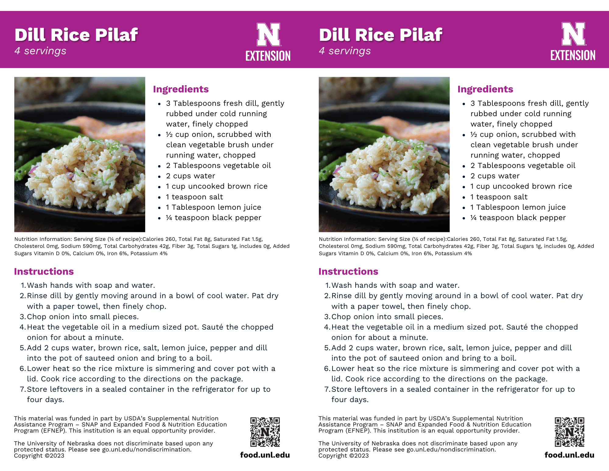 Dill Rice Pilaf Recipe Handouts