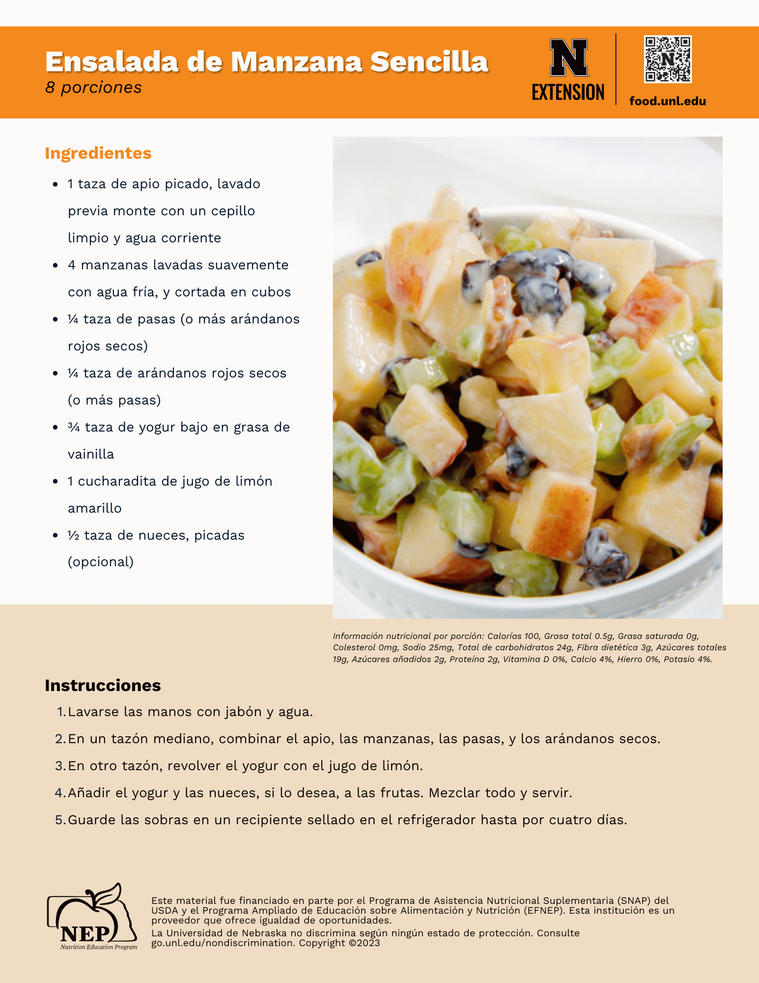 Easy Apple Salad Recipe Handout - Spanish