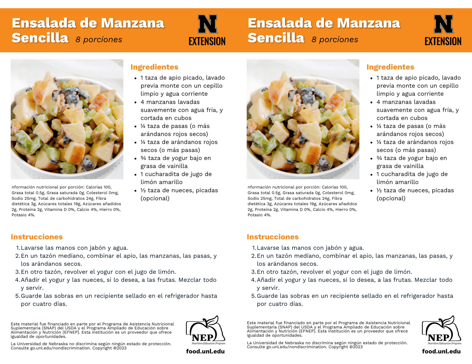 Easy Apple Salad Recipe Handouts - Spanish