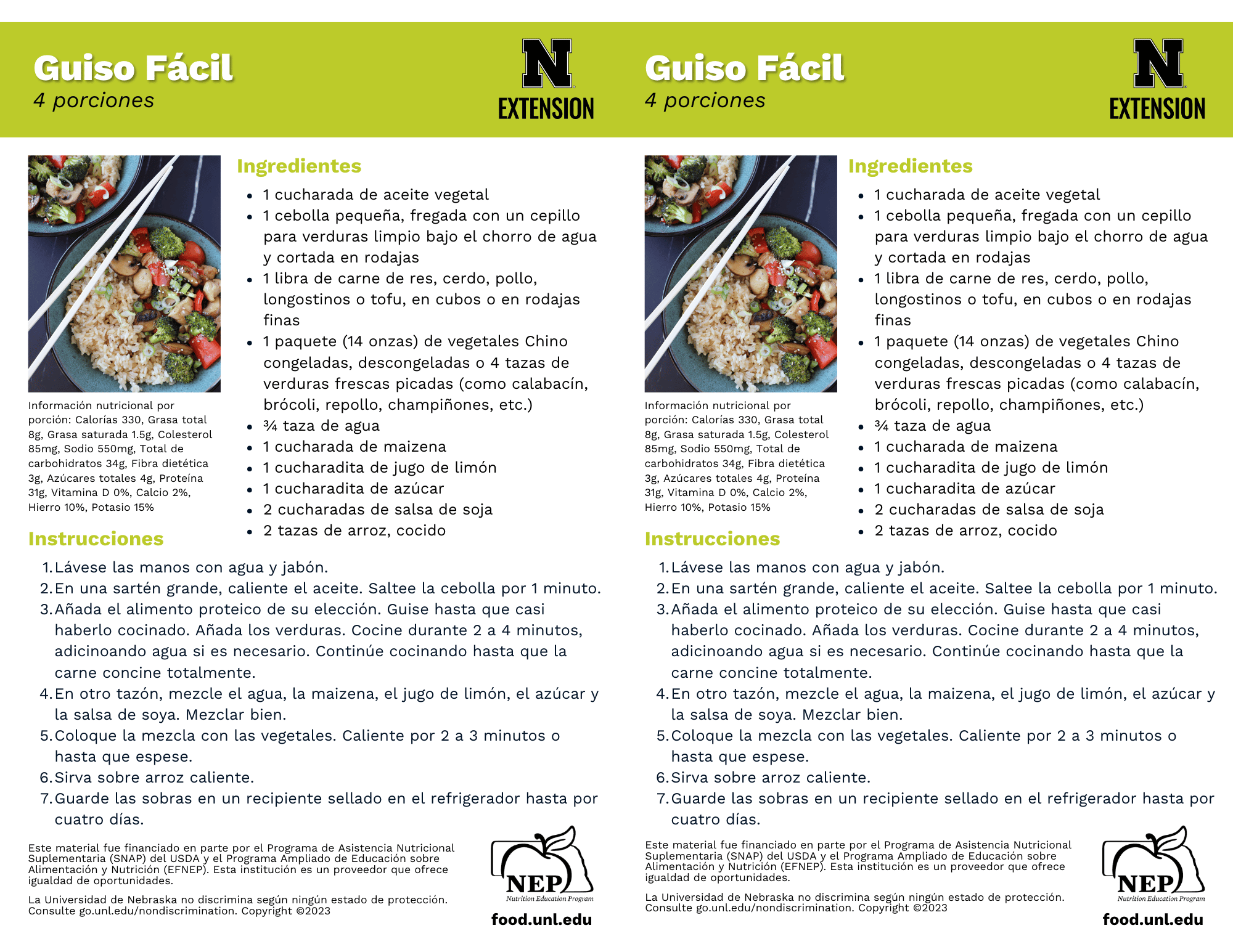 Easy Stir Fry Recipe Handouts - Spanish