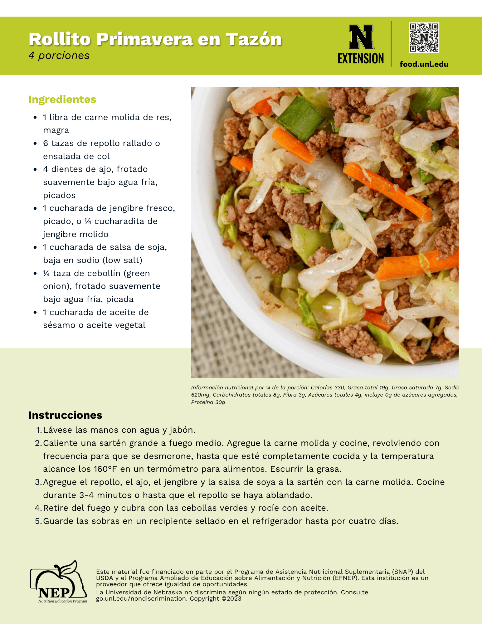 Egg Roll in a Bowl Recipe Handout - Spanish