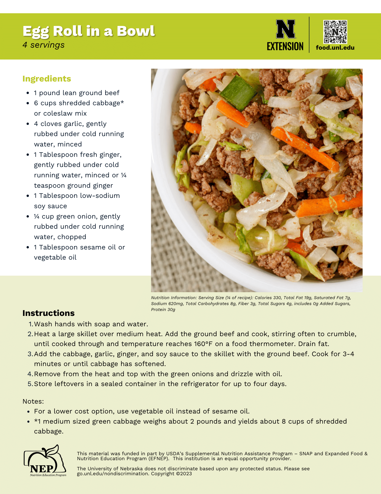 Egg Roll in a Bowl Recipe Handout