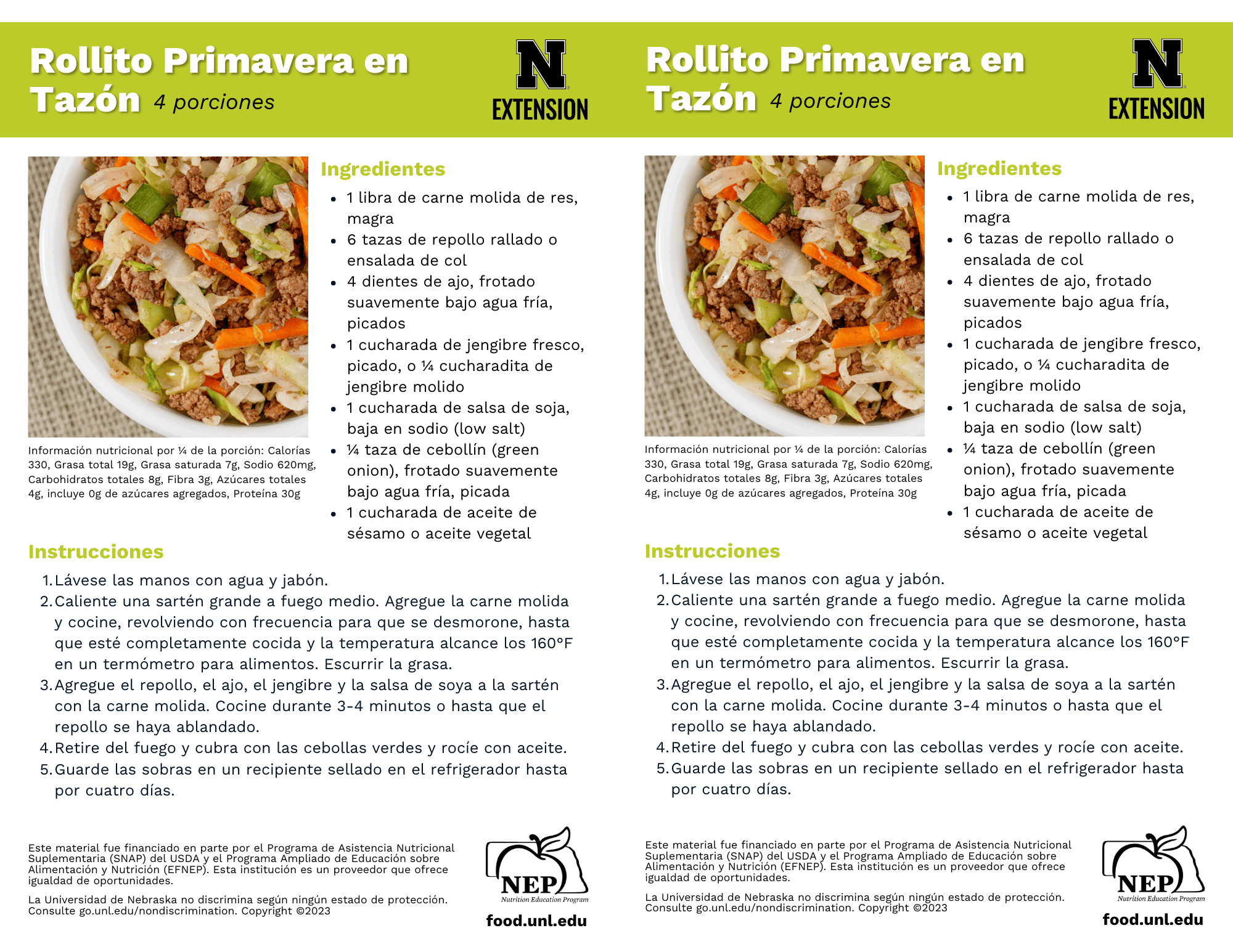 Egg Roll in a Bowl Recipe Handouts - Spanish