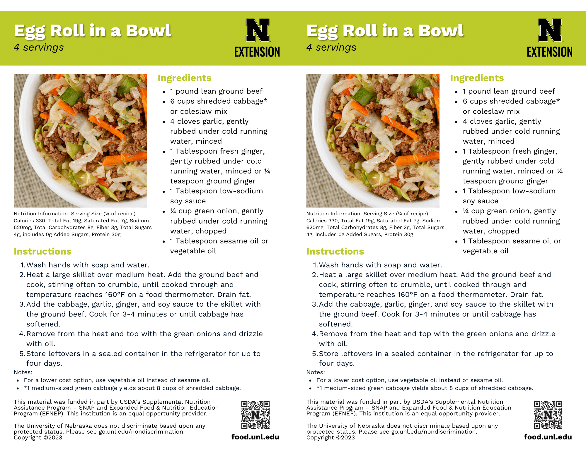 Egg Roll in a Bowl Recipe Handouts