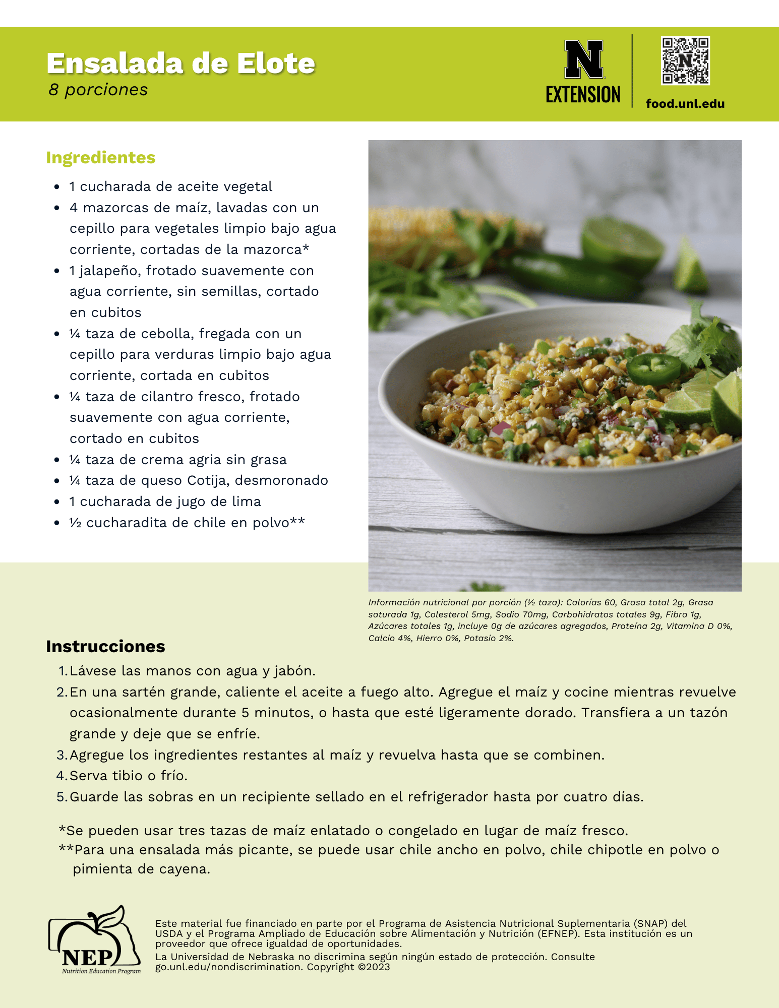 Elote Salad (Mexican Street Corn Salad) Recipe Handout - Spanish