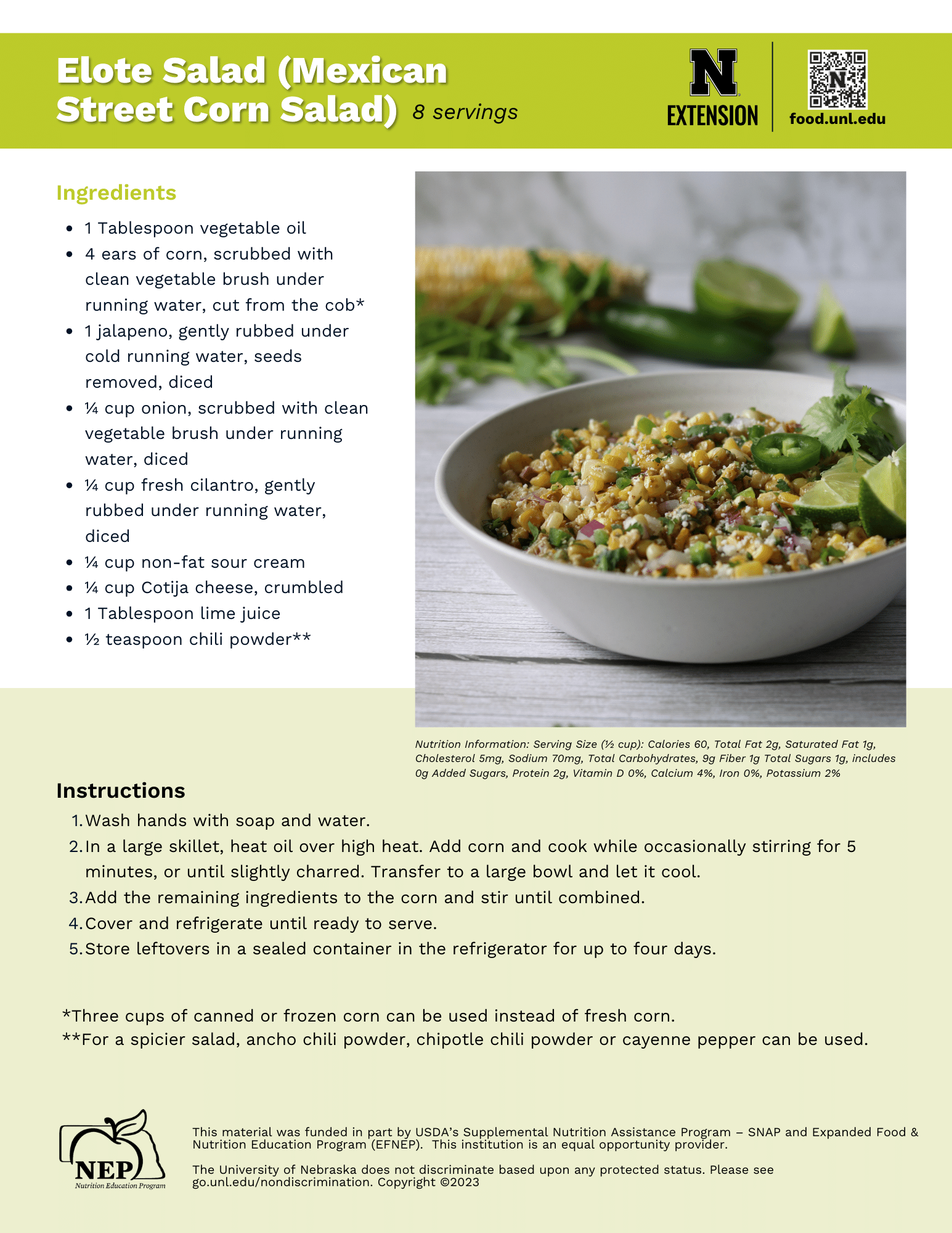Elote Salad (Mexican Street Corn Salad) Recipe Handout