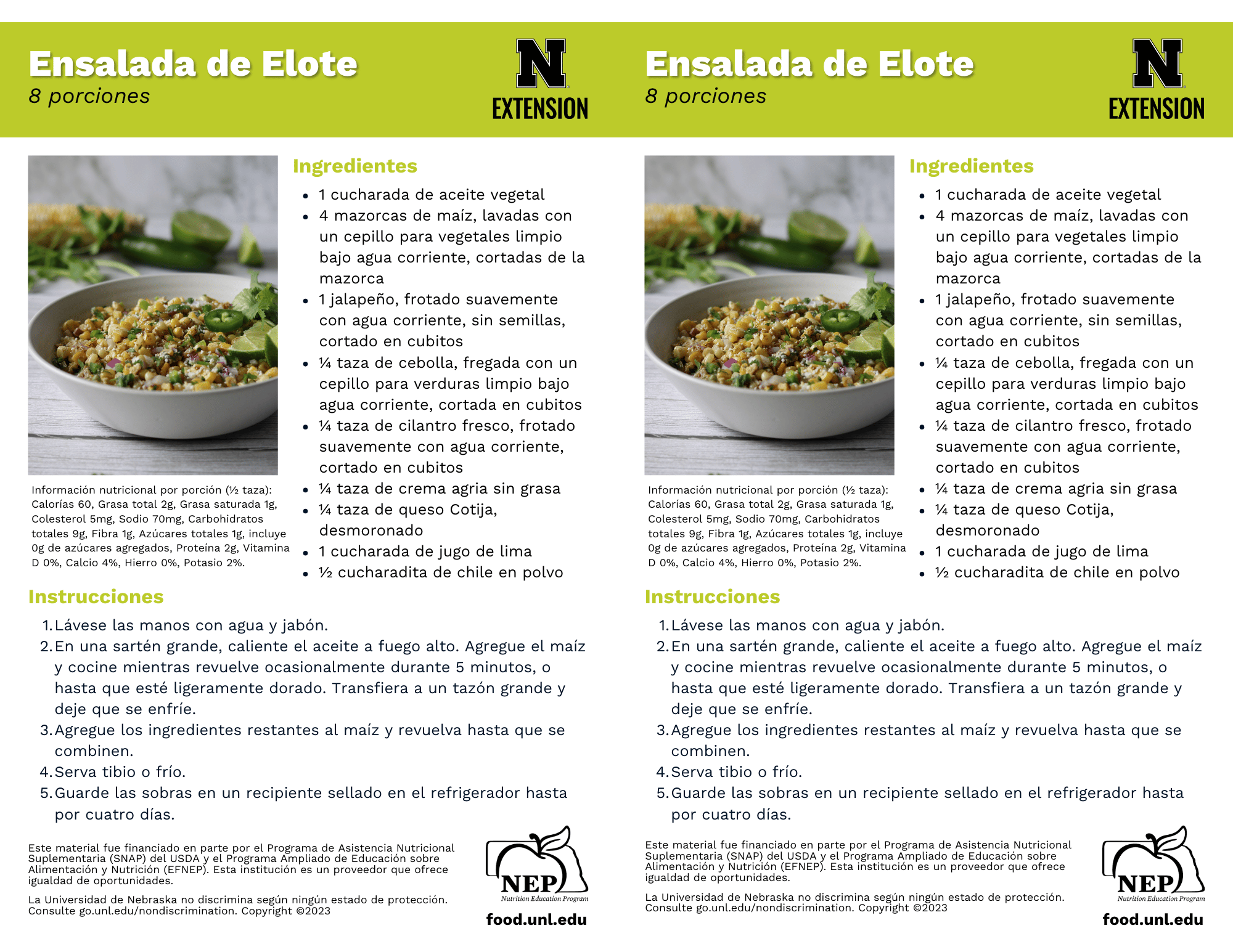 Elote Salad (Mexican Street Corn Salad) Recipe Handouts - Spanish