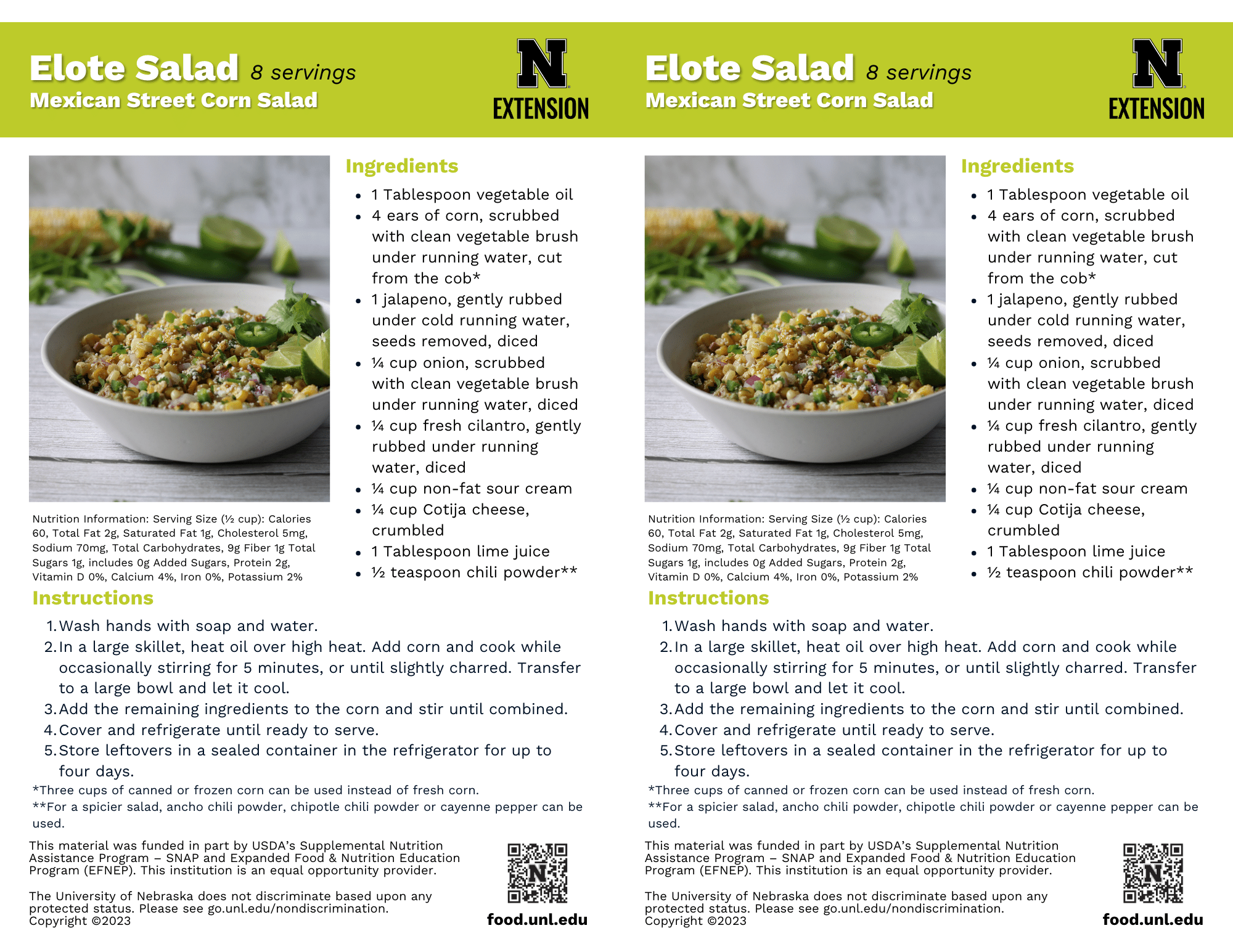 Elote Salad (Mexican Street Corn Salad) Recipe Handouts