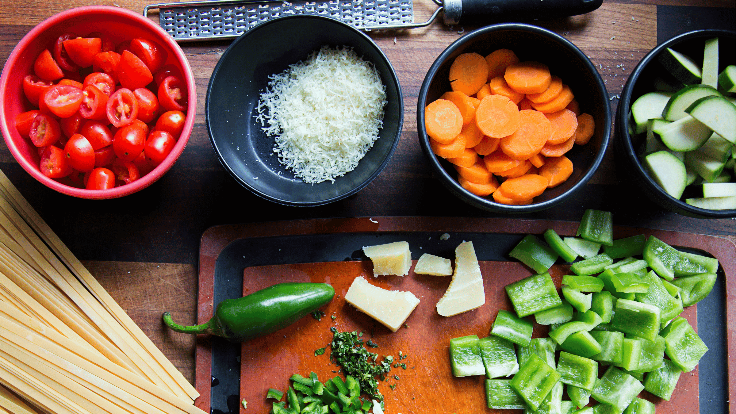 a variety of food prep ingredients to make pasta