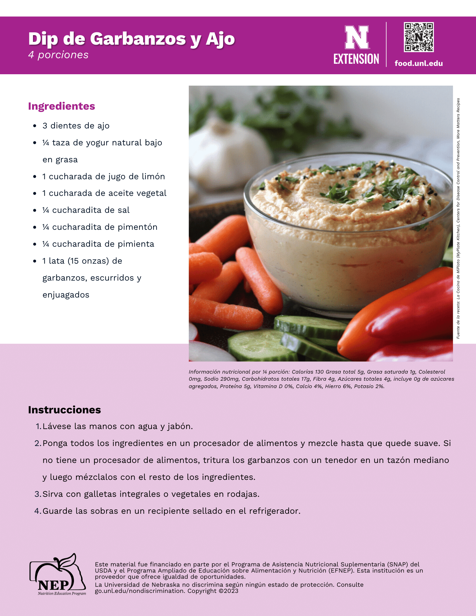 Garlic Chickpea Dip Recipe Handout - Spanish