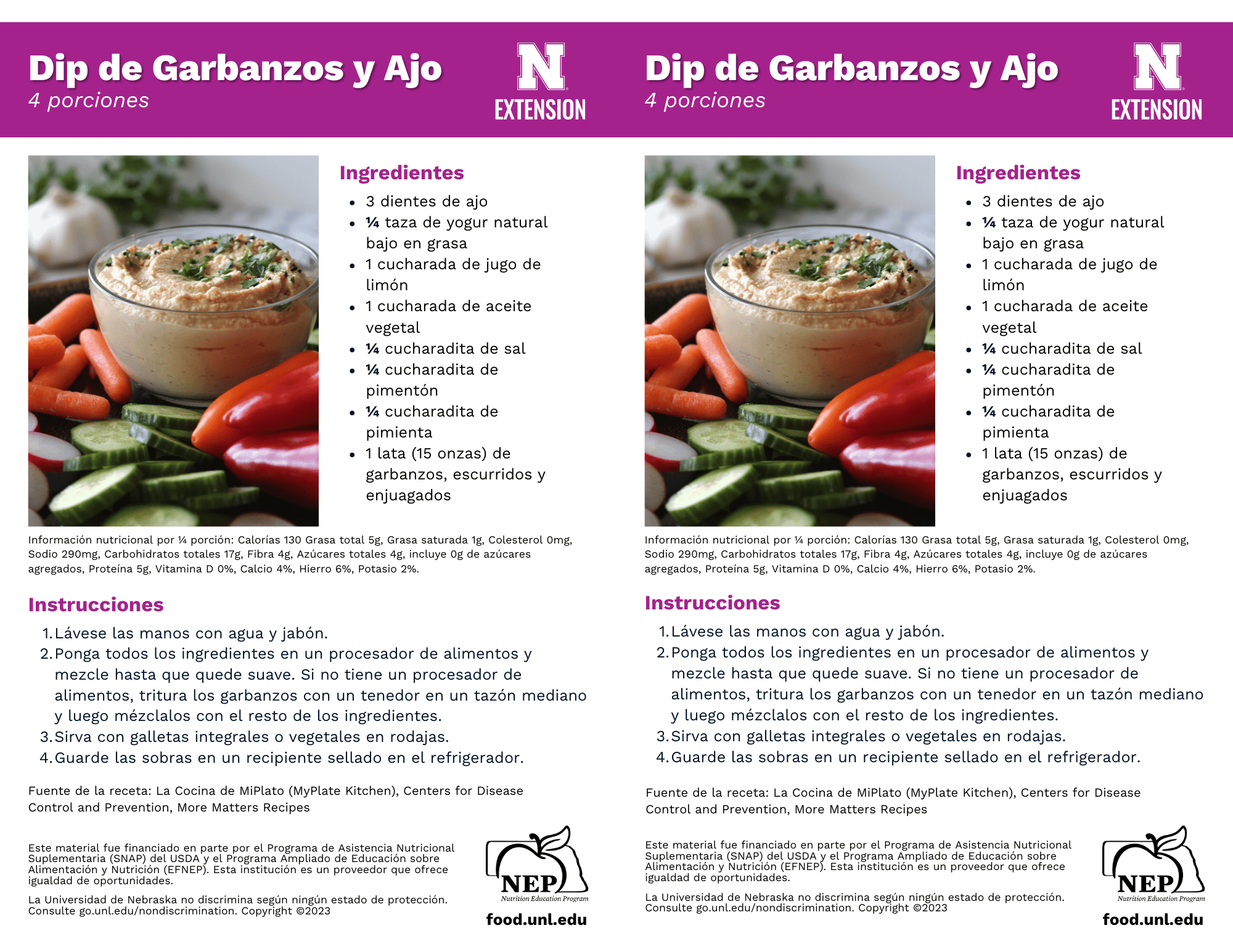 Garlic Chickpea Dip Recipe Handouts - Spanish