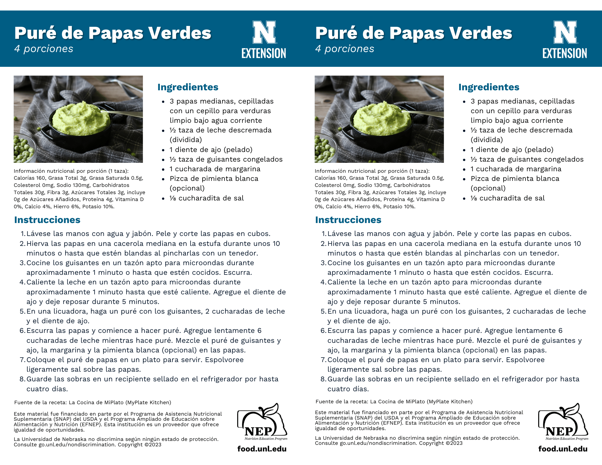 Green-Mash Potatoes Recipe Handouts - Spanish