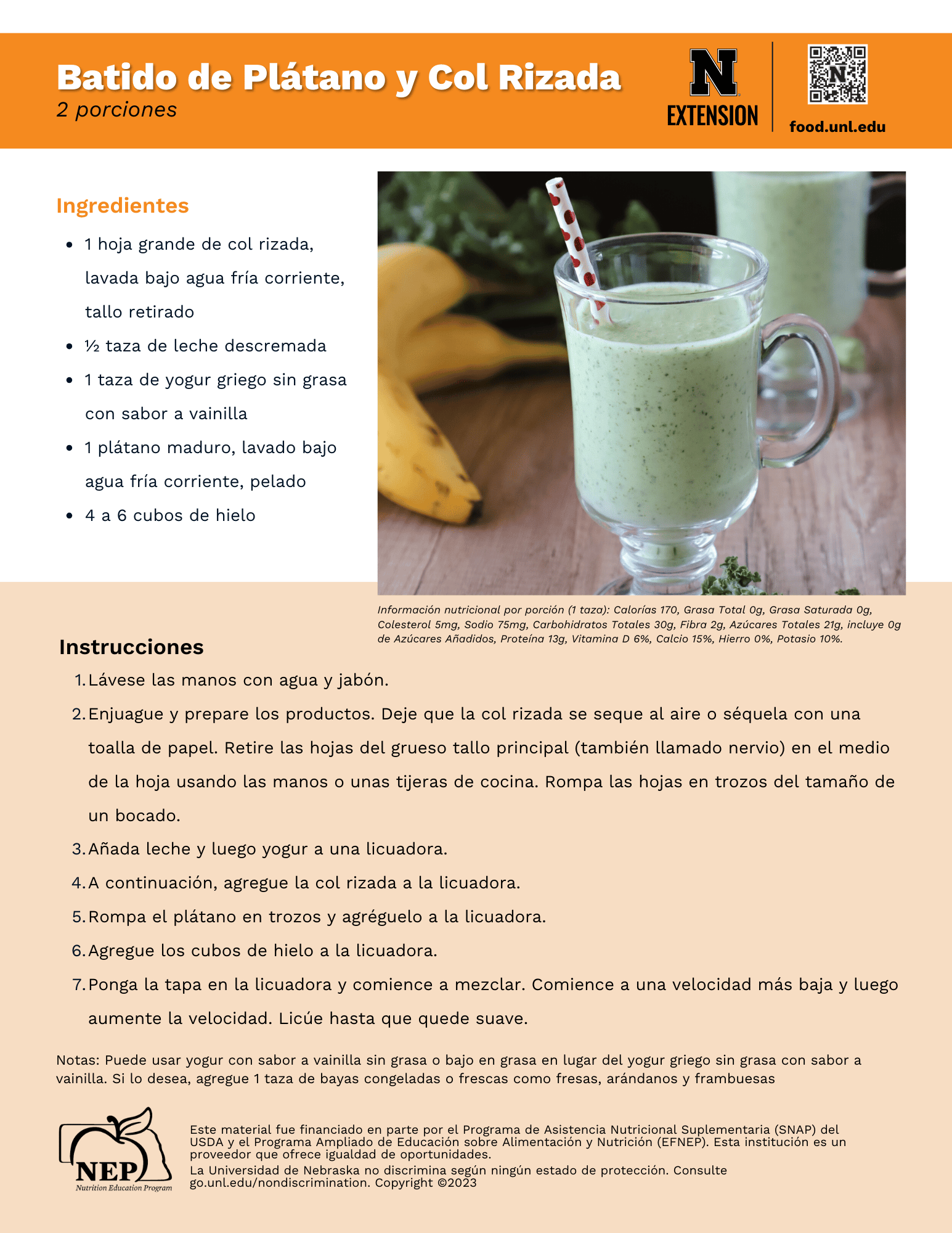 Kale and Banana Smoothie Recipe Handout - Spanish