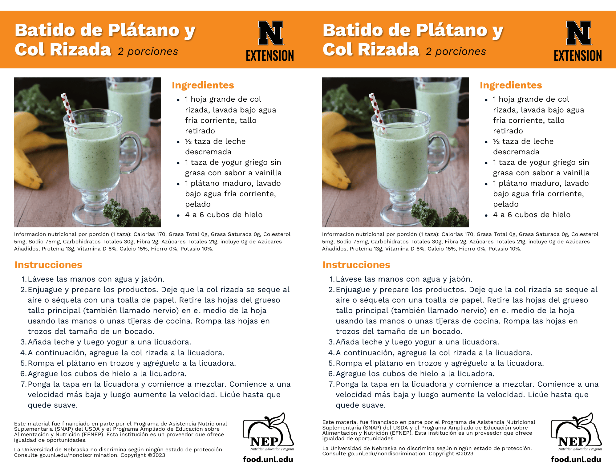 Kale and Banana Smoothie Recipe Handouts - Spanish