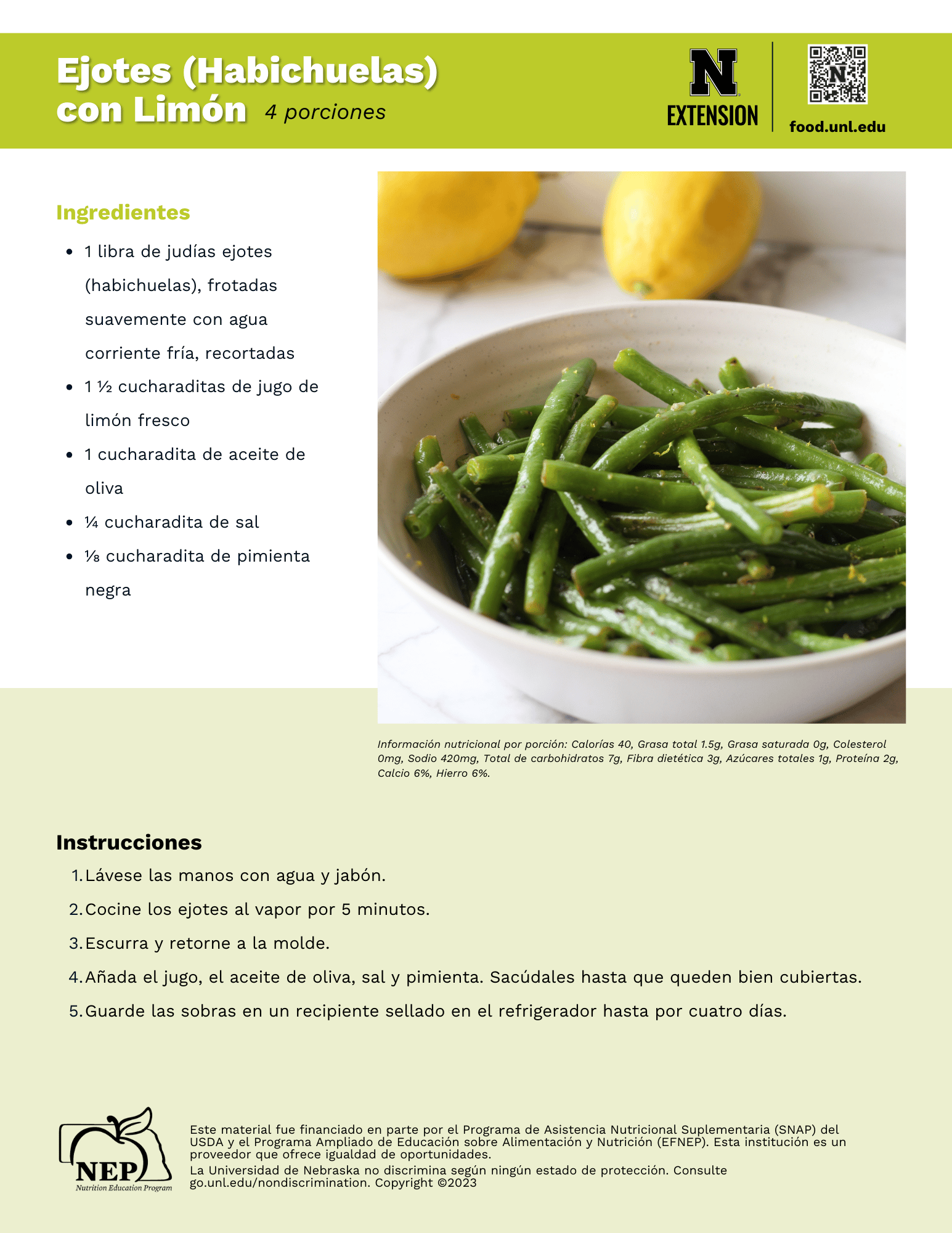 Lemony Green Beans Recipe Handout - Spanish
