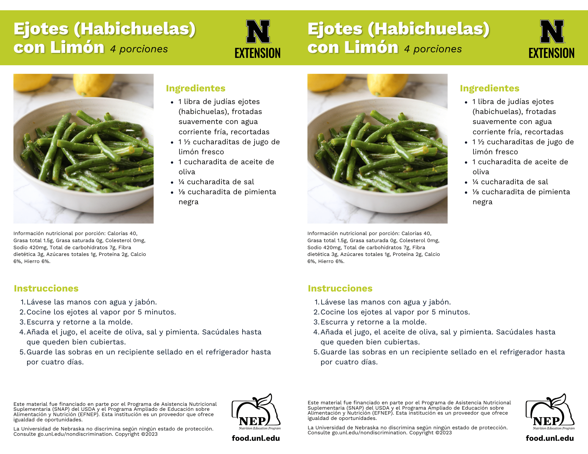 Lemony Green Beans Recipe Handouts - Spanish