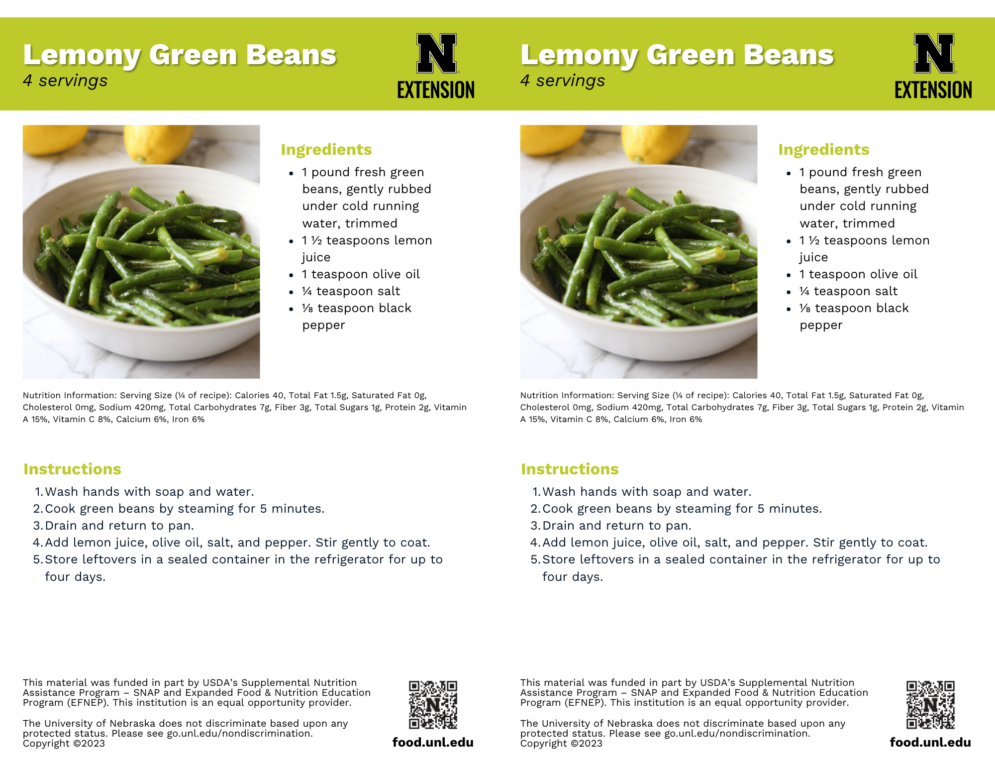 Lemony Green Beans Recipe Handouts