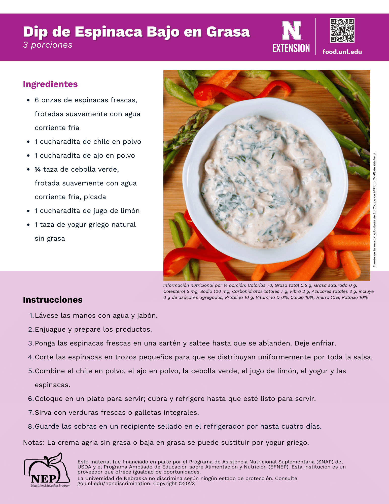 Low Fat Spinach Dip Recipe Handout - Spanish