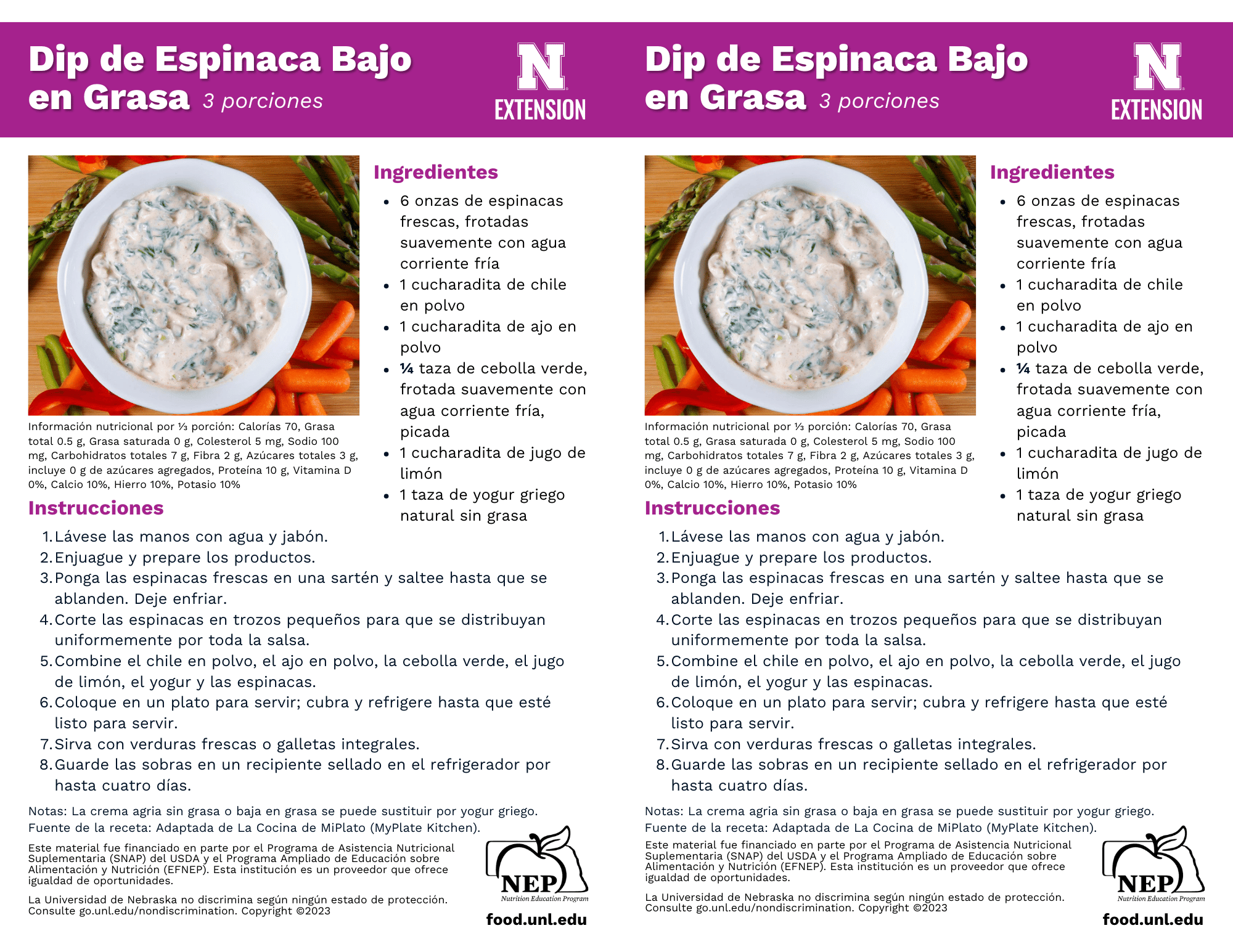 Low Fat Spinach Dip Recipe Handouts - Spanish
