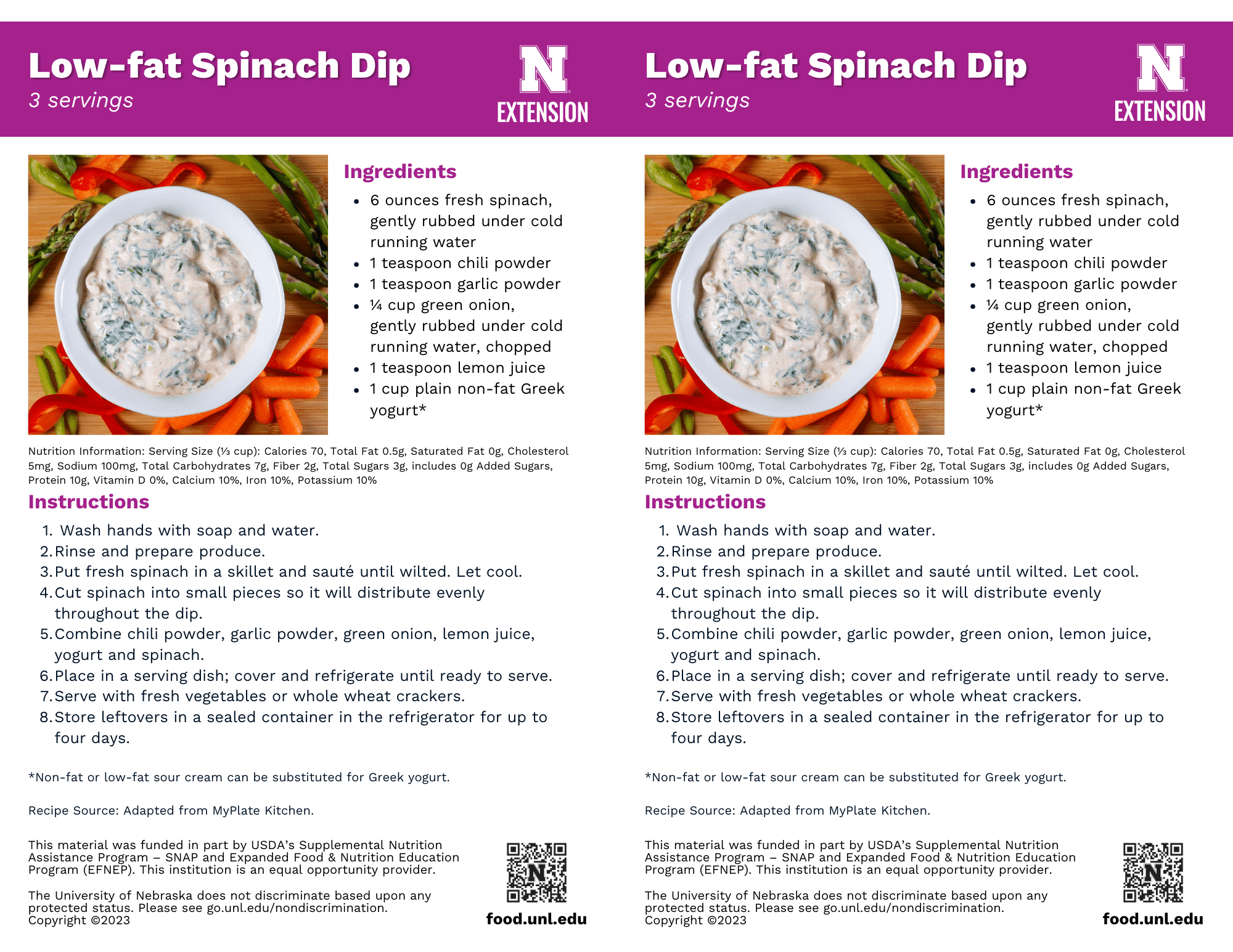 Low Fat Spinach Dip Recipe Handouts