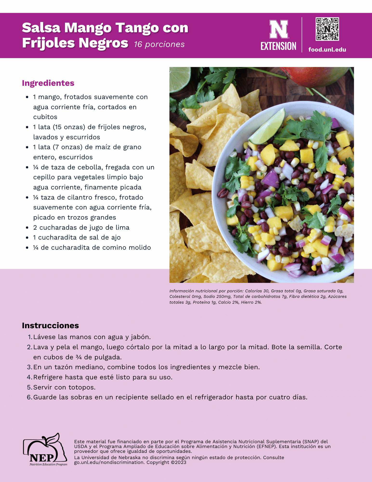 Mango Tango Black Bean Salsa Recipe Handout - Spanish