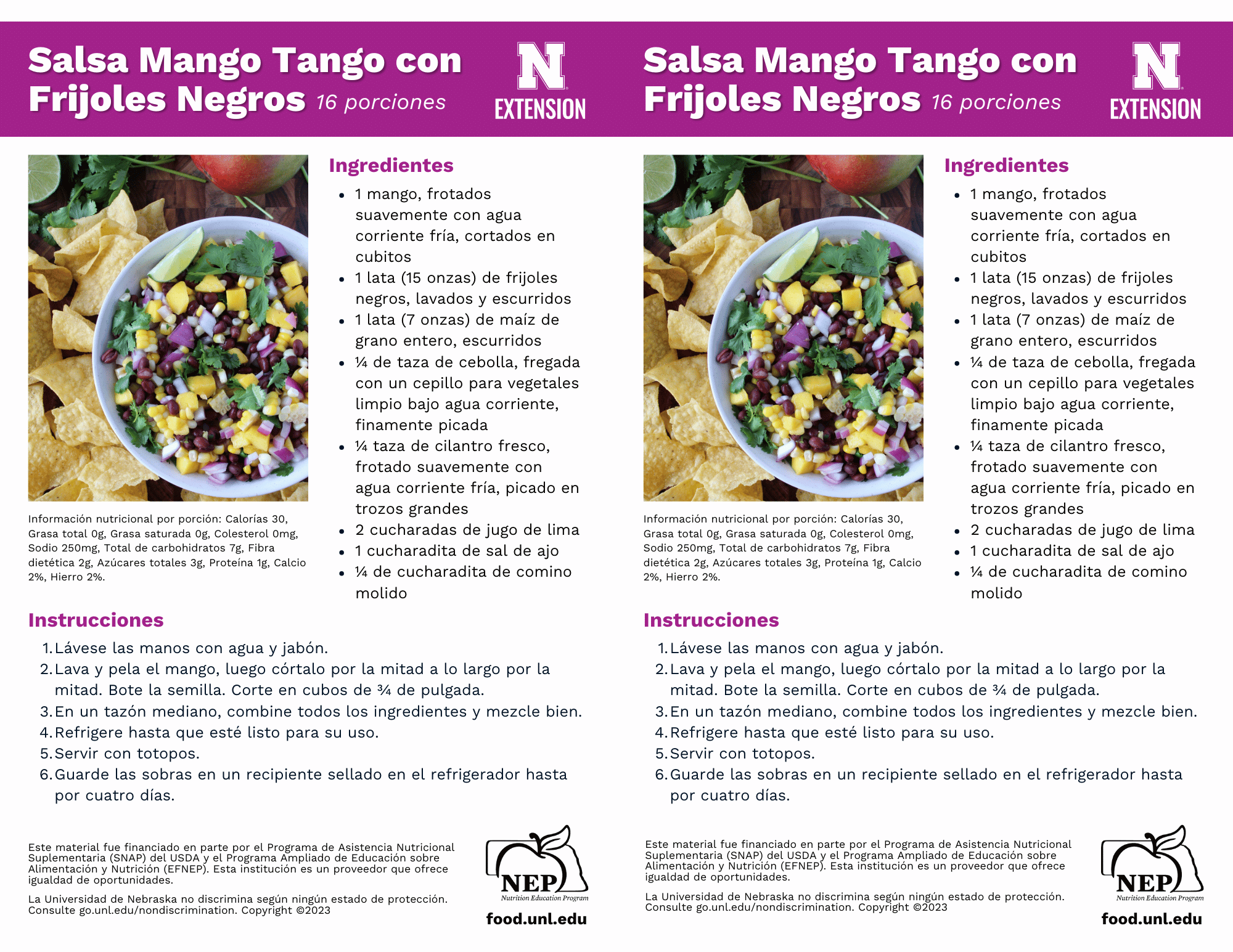 Mango Tango Black Bean Salsa Recipe Handouts - Spanish