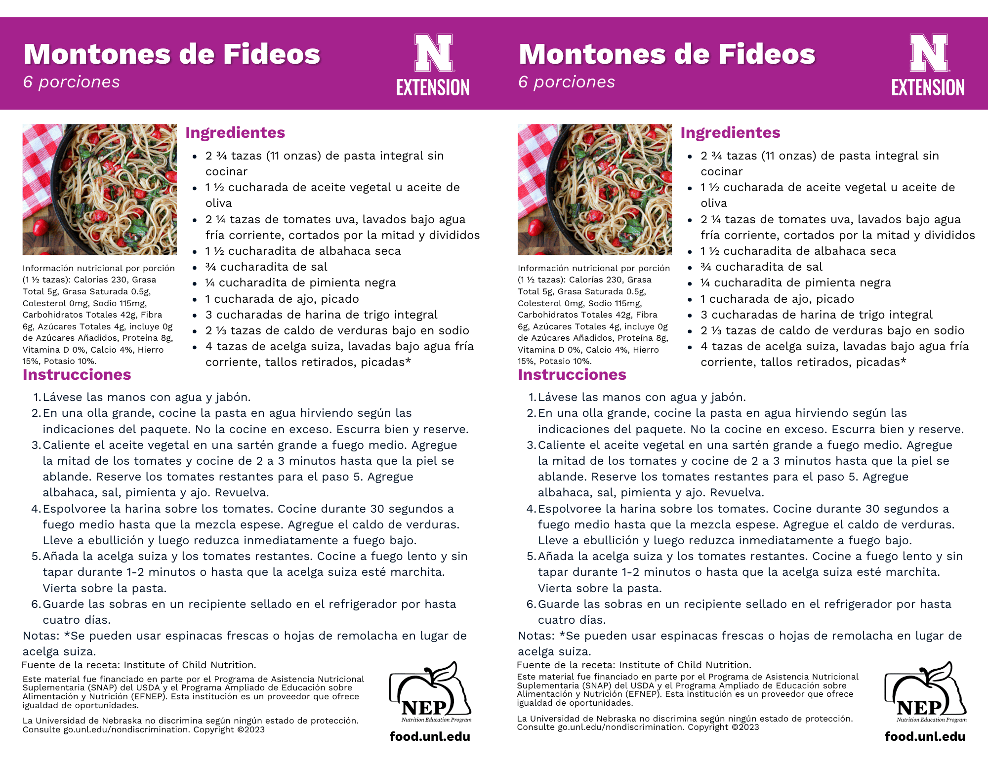 Oodles of Noodles Recipe Handouts - Spanish