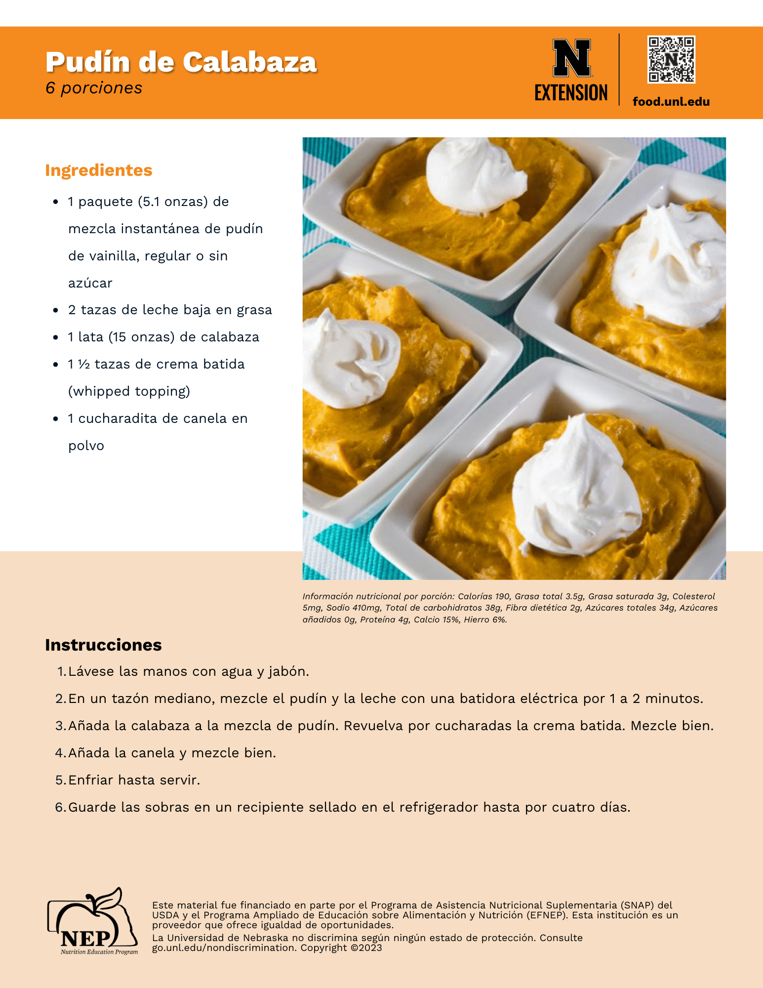 Pumpkin Pudding Recipe Handout - Spanish