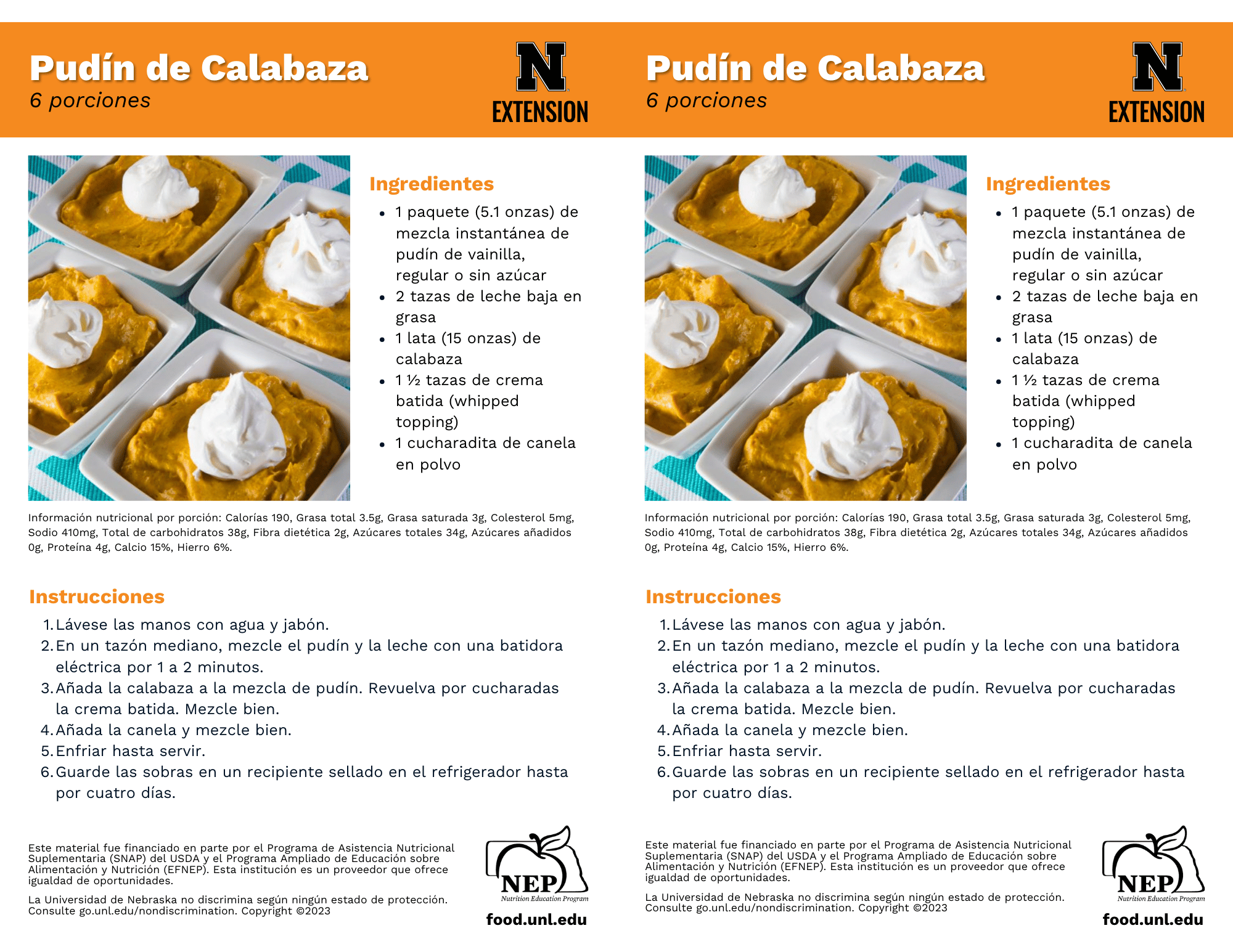 Pumpkin Pudding Recipe Handouts - Spanish