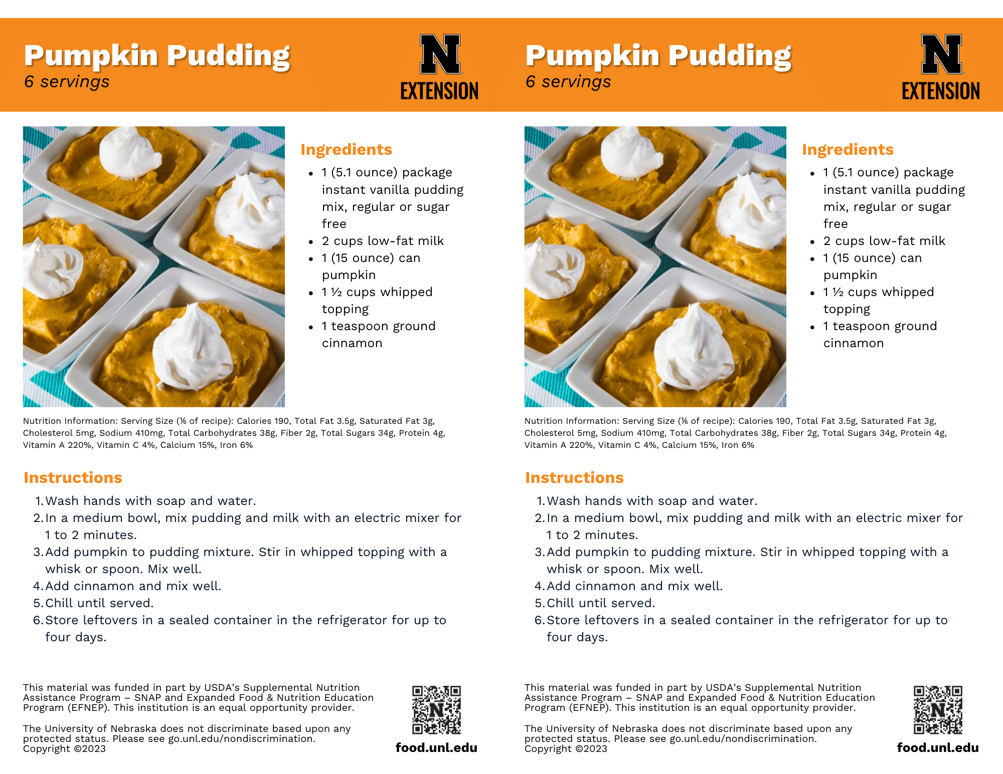 Pumpkin Pudding Recipe Handouts