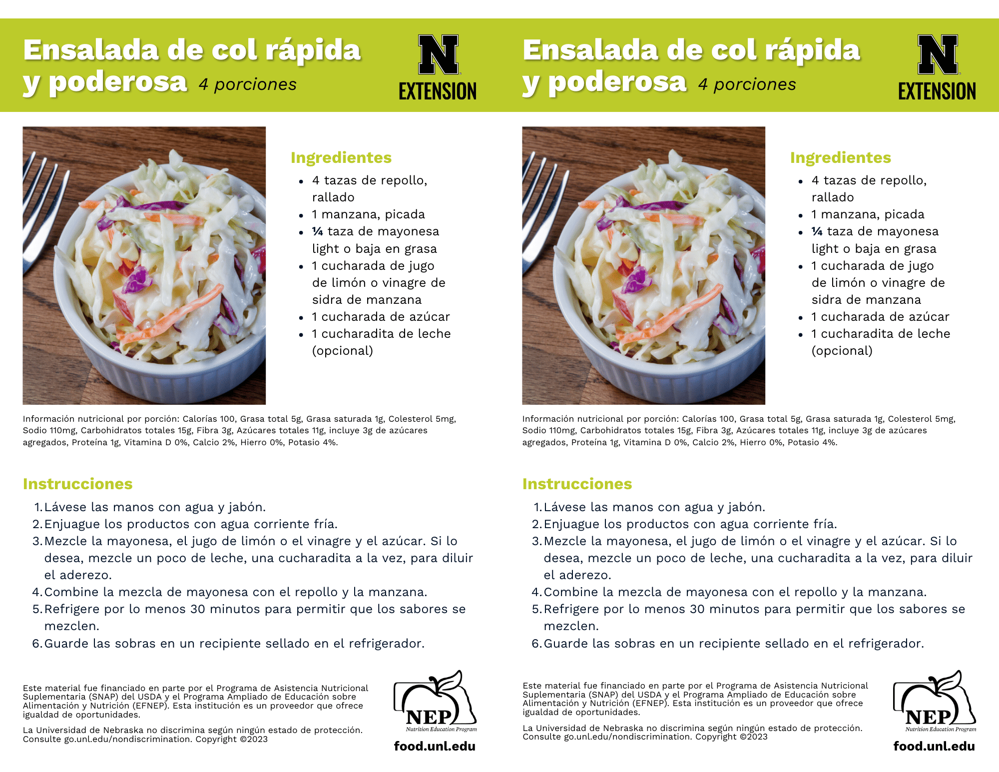 Mighty Quick Coleslaw Recipe Handouts - Spanish