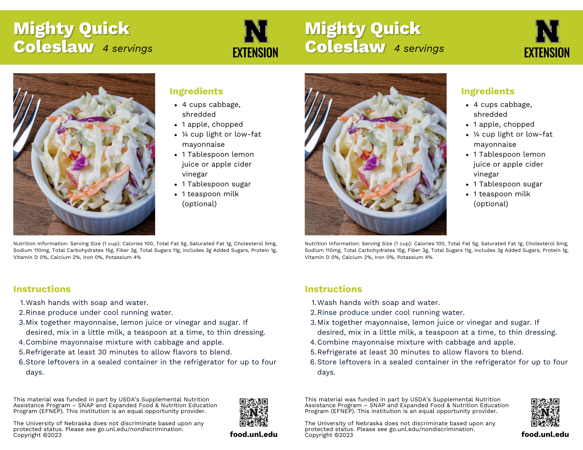 Mighty Quick Coleslaw Recipe Handouts