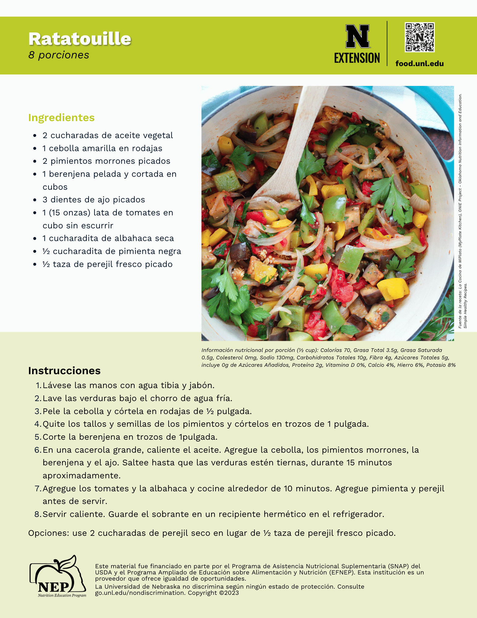 Ratatouille Recipe Handout - Spanish