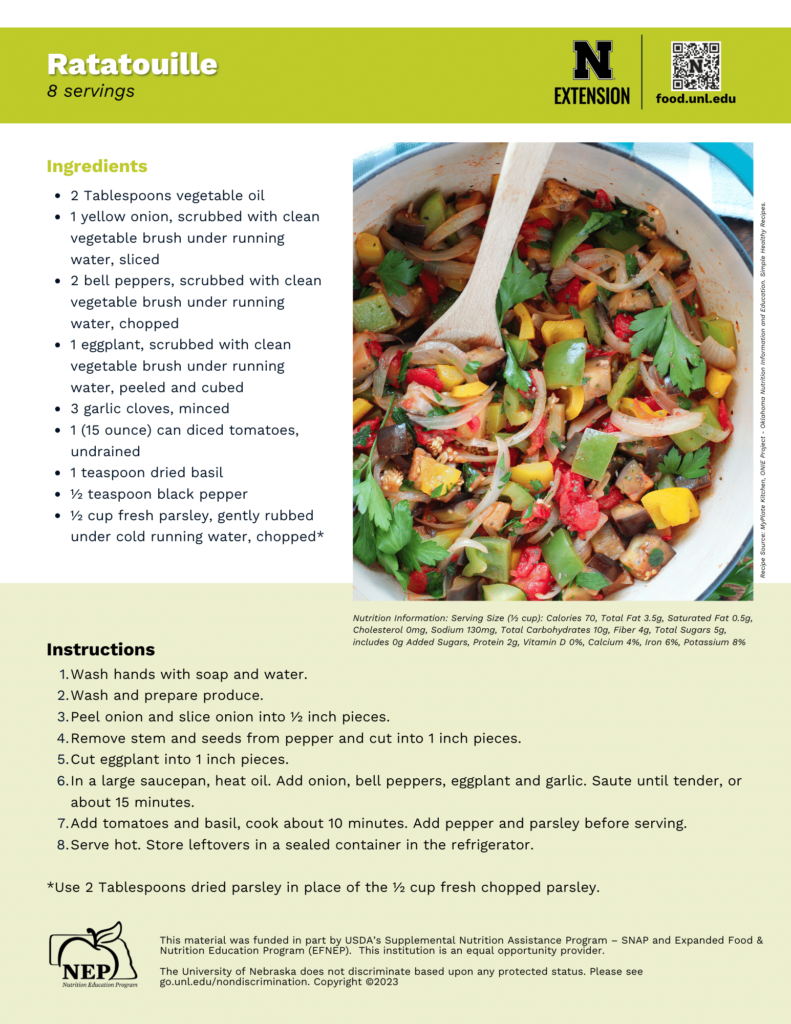 Ratatouille Recipe Handout