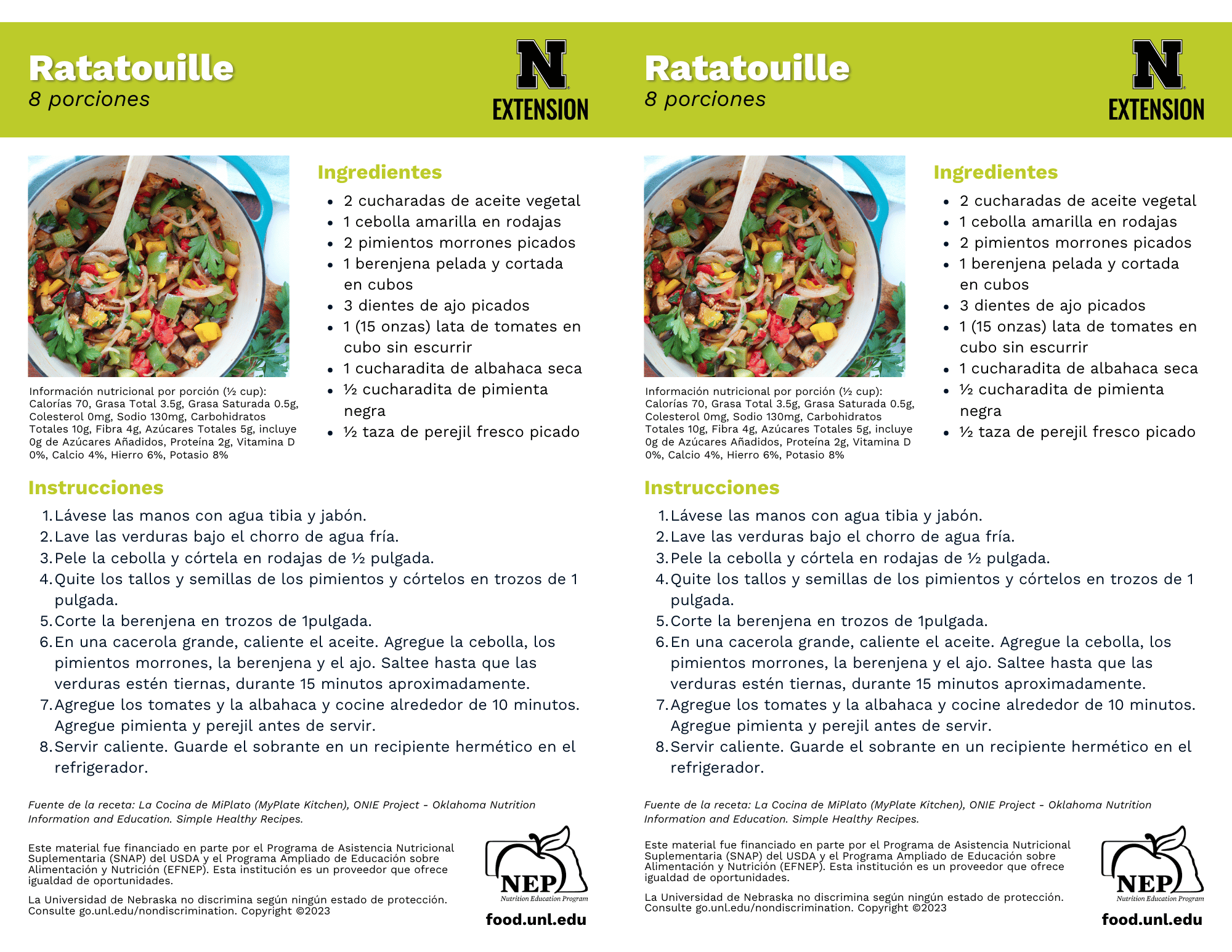 Ratatouille Recipe Handouts - Spanish