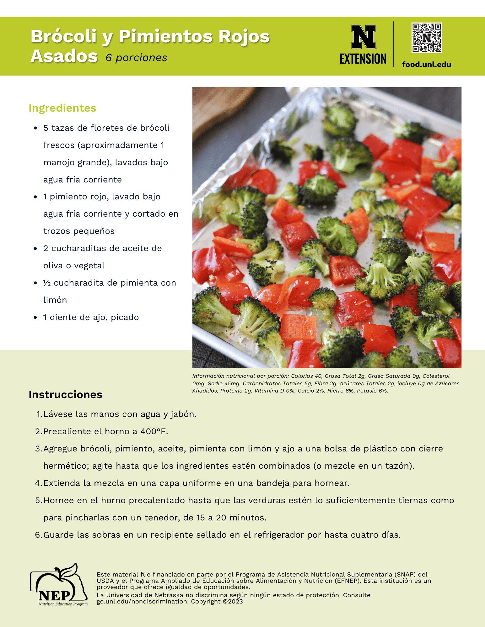 Roasted Broccoli and Red Peppers Recipe Handout - Spanish
