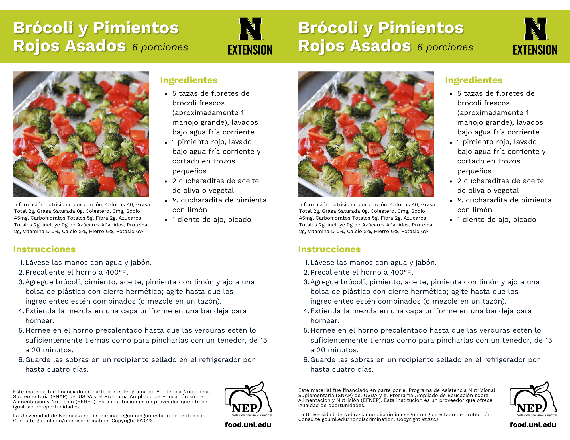 Roasted Broccoli and Red Peppers Recipe Handouts - Spanish