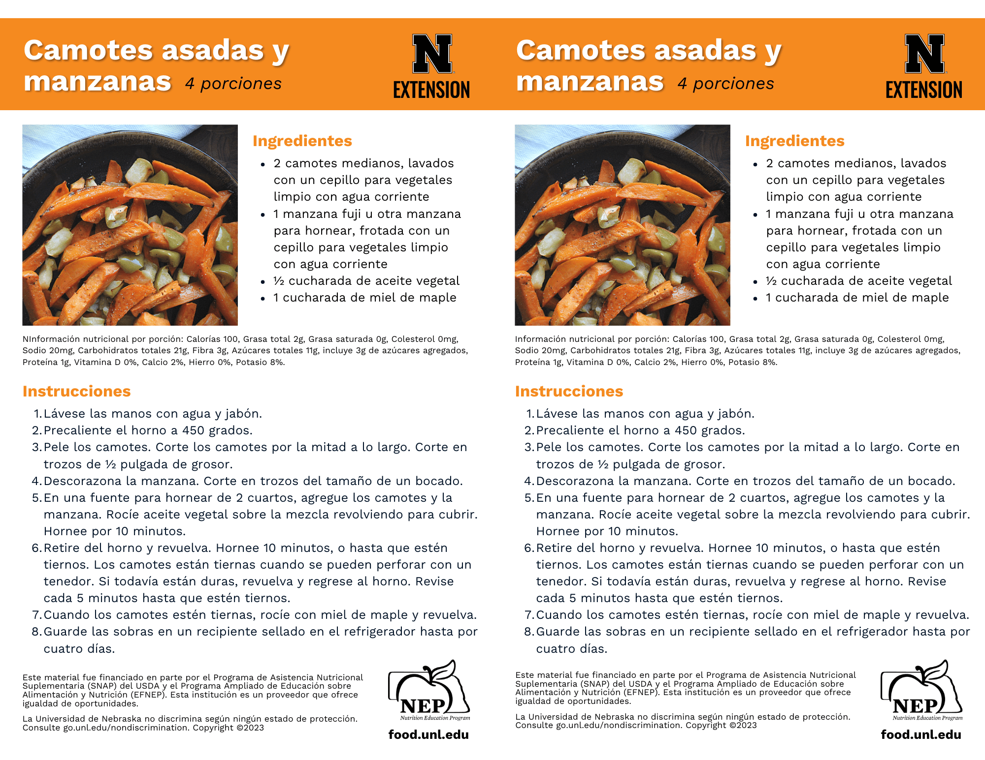 Roasted Sweet Potatoes and Apples Recipe Handouts - Spanish