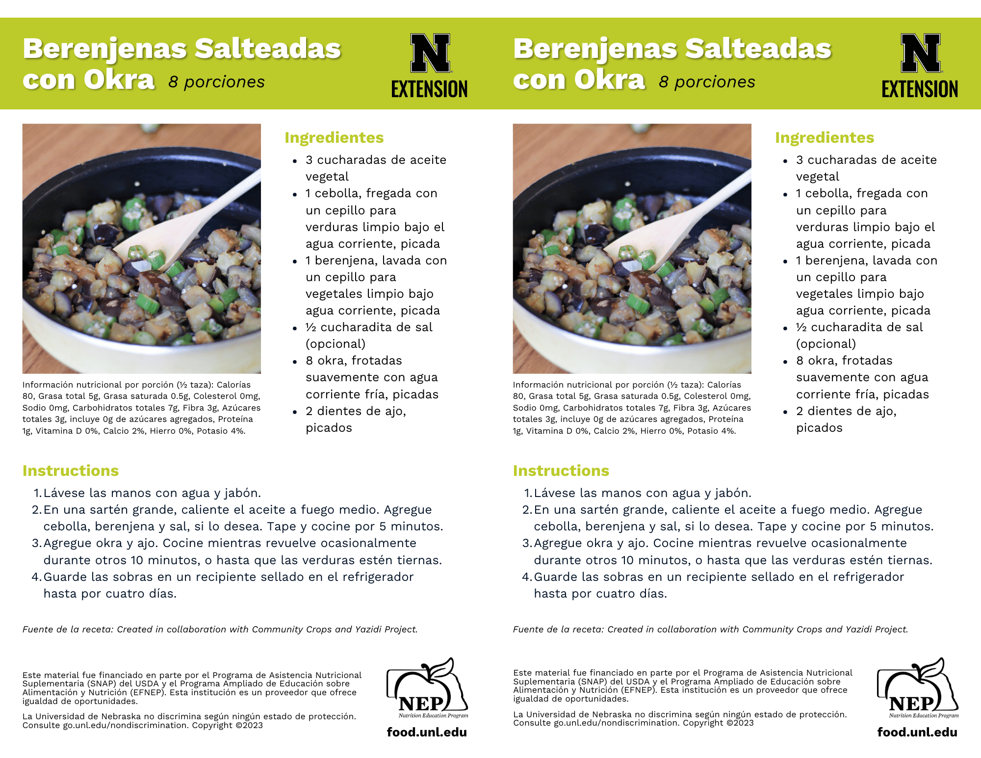 Sautéed Eggplant with Okra Recipe Handouts - Spanish