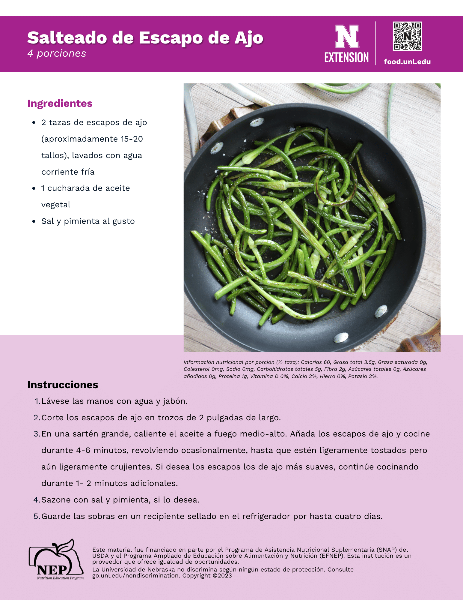 Sautéed Garlic Scapes Recipe Handout - Spanish