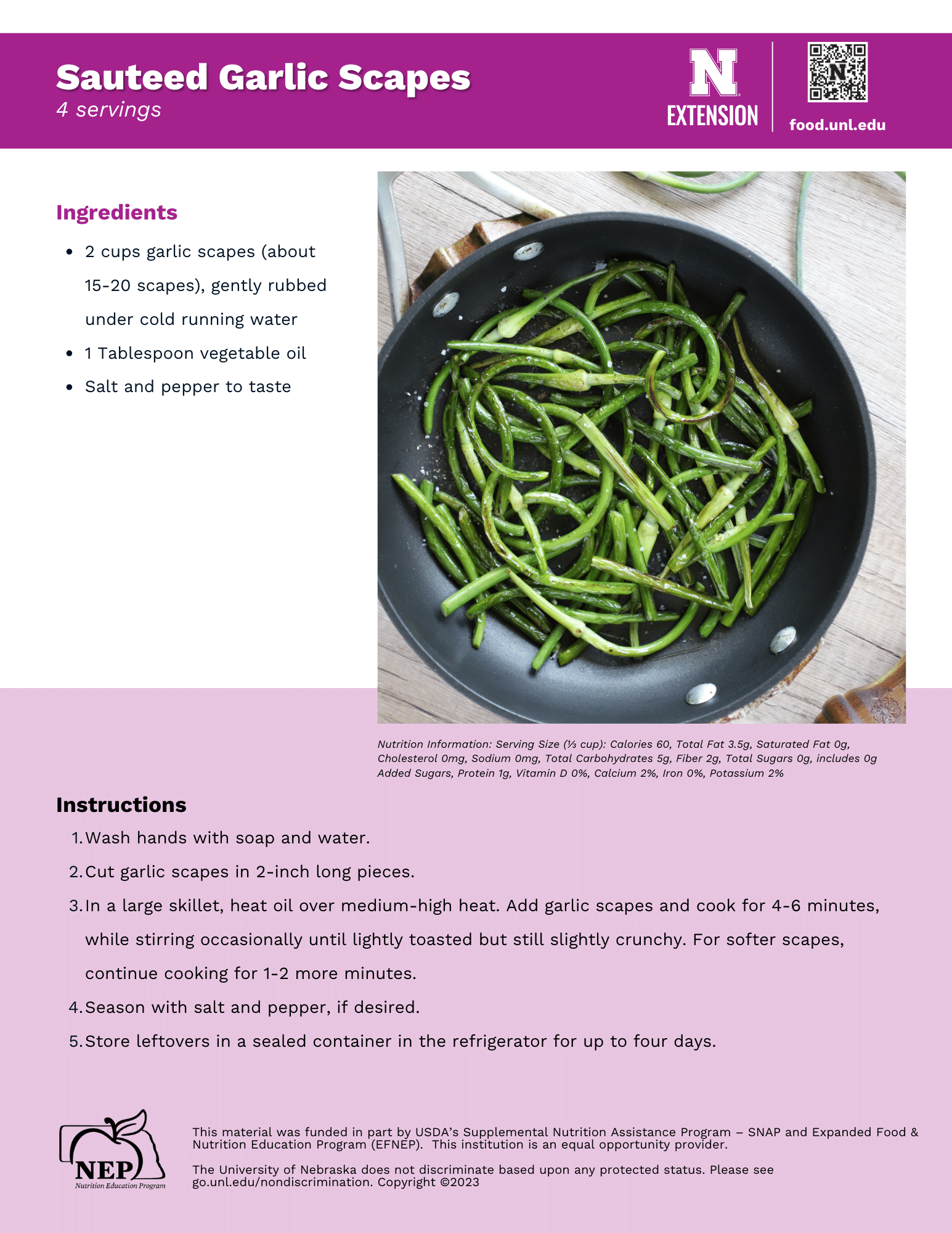 Sauteed Garlic Scapes Recipe Handout